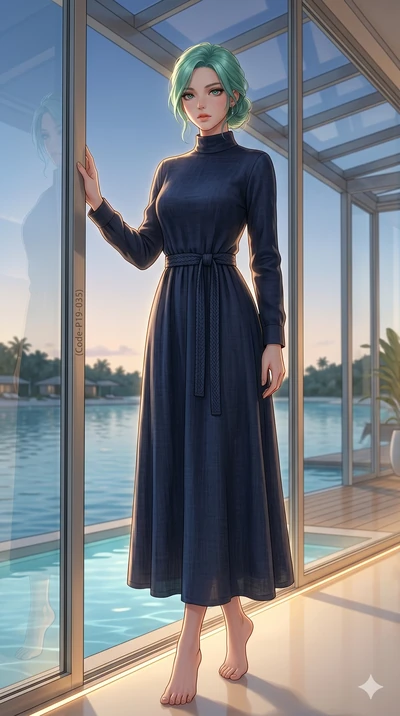 score_9, masterpiece, best quality, ultra-detailed, high-budget anime keyframe, editorial fashion photography, tasteful artistic composition, Japanese woman. low angle full-body shot from head to toe showing her feet, filling the entire 9:16 vertical