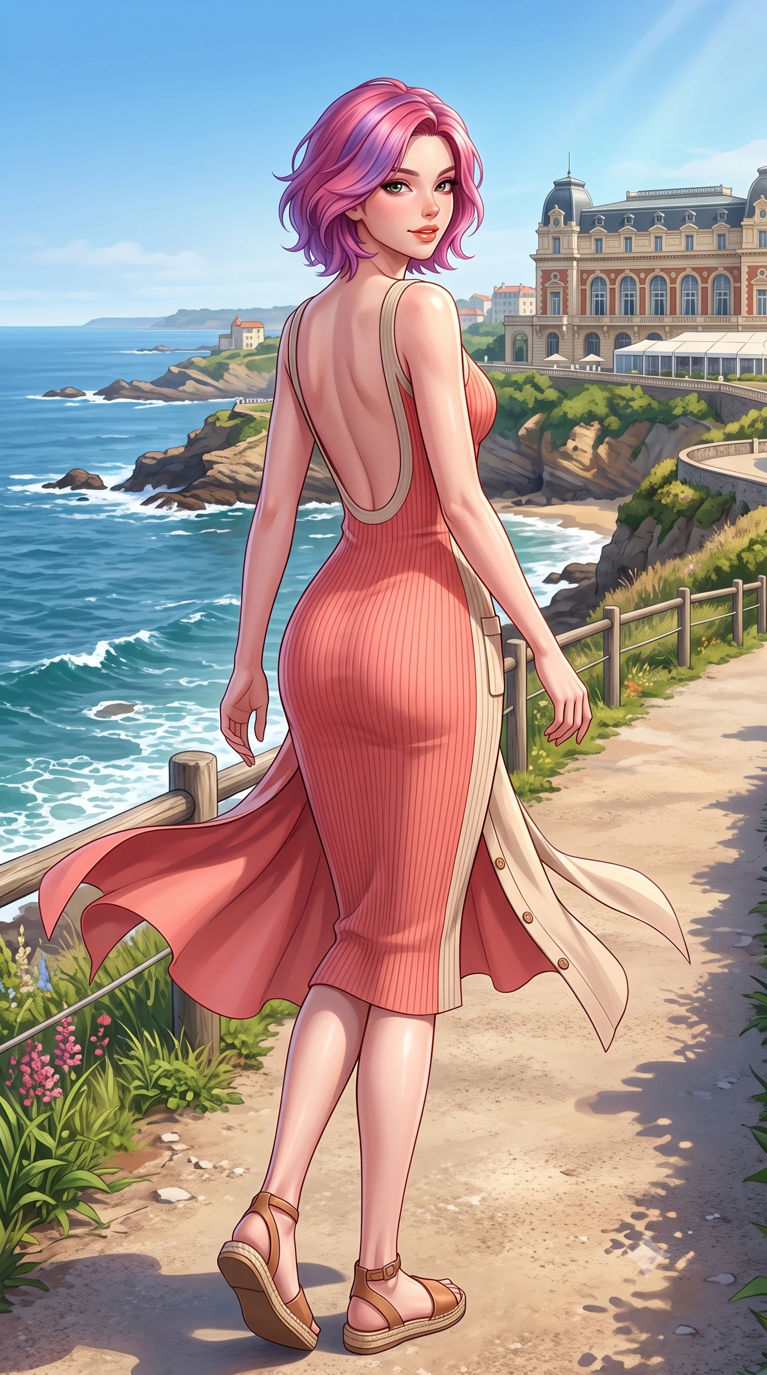 score_9, masterpiece, best quality, ultra-detailed, high-budget anime keyframe, semi-realistic 3D game render, editorial fashion photography, tasteful artistic composition, Caucasian woman. low angle full-body shot from head to toe showing her feet, filling the entire 9:16 vertical frame with her statuesque presence, stretching her vertical silhouette. posing with back turned slightly to the lens, glancing back with an enchanting, playful smile as she arches her lower back to emphasize her sculpted feminine hips and slender waist while turning in an alluring S-curve as ocean trade winds whip her silk wrap skirt, gazing toward the historic casino palace with parted glossy lips. The surrounding environment is rendered in vivid detail and crisp panoramic clarity. detailed resort wear weave, coastal sun specular highlights on skin, and Biarritz coastline in high resolution. She has an exceptionally tall and slender model-like 8.5-heads proportion, an ultra-slim waist, a flat toned midriff, narrow delicate ribcage, and beautifully sculpted feminine hips creating a graceful, slim hourglass silhouette without any bulky heaviness, with impossibly long slender legs. sharp v-shaped jawline, high-bridge nose, intricate jewel-like sparkling eyes with depth, thick eyelashes, glossy parted lips with a natural peach sheen, bright cheerful beaming smile with an enchanting and coquettish sensual glint, exuding both youthful cute charm and seductive allure, flawlessly proportioned anatomical accuracy, strict slender model proportions, natural body alignment, perfectly sculpted long slender limbs, ultra-slim waistline, clean dynamic posture without body distortion. wearing a form-contouring ribbed knit bodycon midi dress with an open back scoop descending to the base of her spine in warm coral pink and soft oatmeal beige, tailored from crisp cotton poplin with clean structural lines, finished with neat front wooden buttons and delicate pocket details, the liquid-tight tailored fabric clinging flawlessly to her narrow waist and rounded feminine hips, emphasizing every millimeter of her sculpted slim hourglass curves without any bulky heaviness. illuminated by sparkling sea foam reflections sharply sculpting her razor-sharp jawline, narrow waist, and curvy hips. highly saturated vibrant anime colors, detailed shading with soft gradients, rich glossy textures, high-contrast stereoscopic depth, volumetric dynamic lighting, master piece, 9:16 ratio