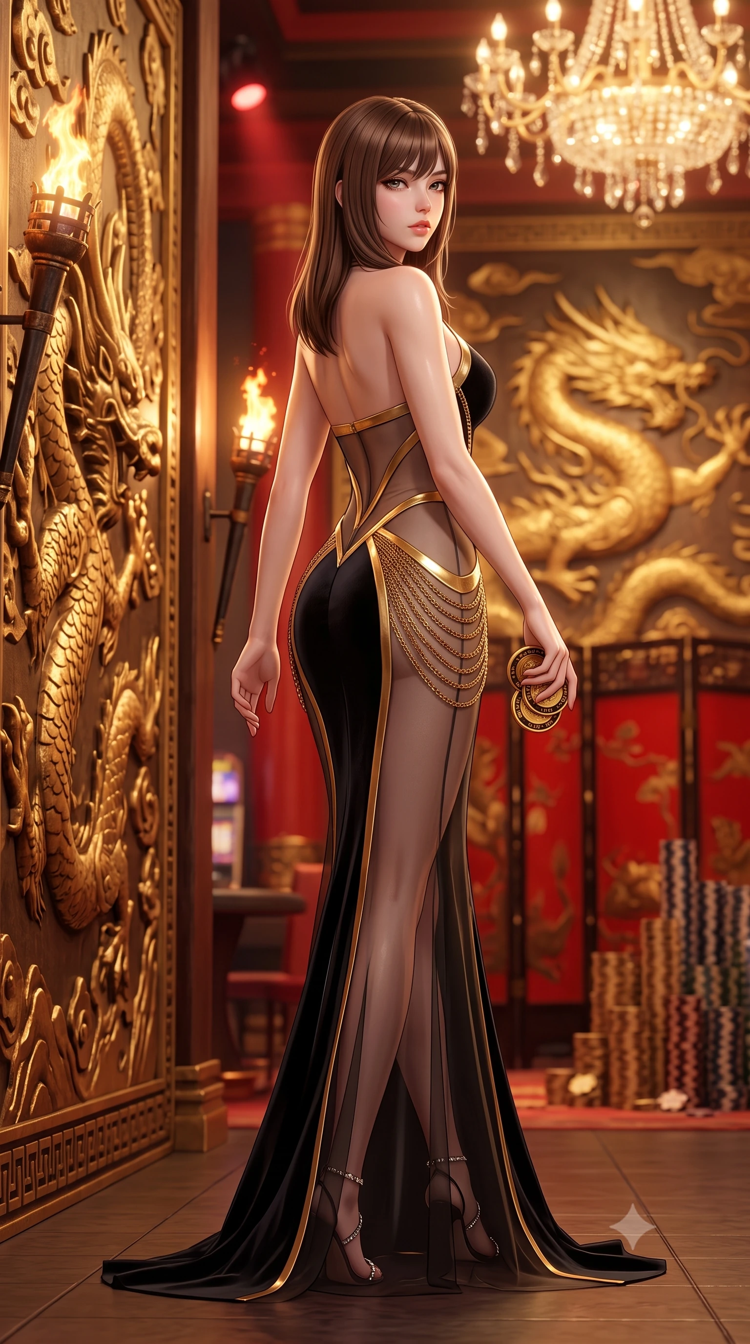 score_9, masterpiece, best quality, ultra-detailed, high-budget anime keyframe, semi-realistic 3D game render, editorial fashion photography, tasteful artistic composition, Korean woman. low angle full-body shot from head to toe showing her feet, filling the entire 9:16 vertical frame with her statuesque presence, stretching her vertical silhouette. walking along the terrace with poise, looking back over her bare shoulder with an irresistible smoldering bedroom-gaze while twisting her slender torso in an alluring contrapposto stance beside the relief-carved golden dragon wall, torches illuminating her hourglass curves. The background shows a soft-focus colossal embossed gold-leaf dragon murals, red lacquered screens, and stacks of thousand-dollar gaming plaques blurred into vermilion, gold, and obsidian bokeh. She has an absolutely perfect, statuesque 8.5-heads proportion, an exceptionally tall and slender model-like female figure with impossibly long slender legs, an ultra-slim waist, a flat toned midriff, narrow delicate ribcage, and beautifully sculpted feminine hips creating a graceful, slim hourglass silhouette without any bulky heaviness. sharp v-shaped jawline, high-bridge nose, sparkling eyes with hypnotic seductive depth, thick curled eyelashes, glossy parted lips with a natural dewy peach sheen, alluring bedroom-eyes with an enchanting coquettish smile, exuding magnetic siren charisma and sophisticated glamour, flawlessly proportioned anatomical accuracy, strict slender model proportions, natural body alignment, perfectly sculpted long slender limbs, ultra-slim waistline, clean dynamic posture without body distortion. wearing a provocative sheer illusion mesh gown with liquid gold ribbons contouring her flat midriff and curvaceous hips in liquid gold chainmail and midnight obsidian black with diamond accents, tailored from ultra-plush velvet with rich tactile depth and deep shadow gradients, accented with a stack of engraved gold casino plaques held loosely in one hand, the form-contouring silhouette accentuating her sculpted flat midriff, narrow delicate ribcage, and gracefully curvy hips with intoxicating allure. bathed in warm 2700K incandescent crystal chandelier radiance mixed with red accent spotlights. highly saturated vibrant anime colors, detailed shading with soft gradients, rich glossy textures, high-contrast stereoscopic depth, volumetric dynamic lighting, master piece, 9:16 ratio