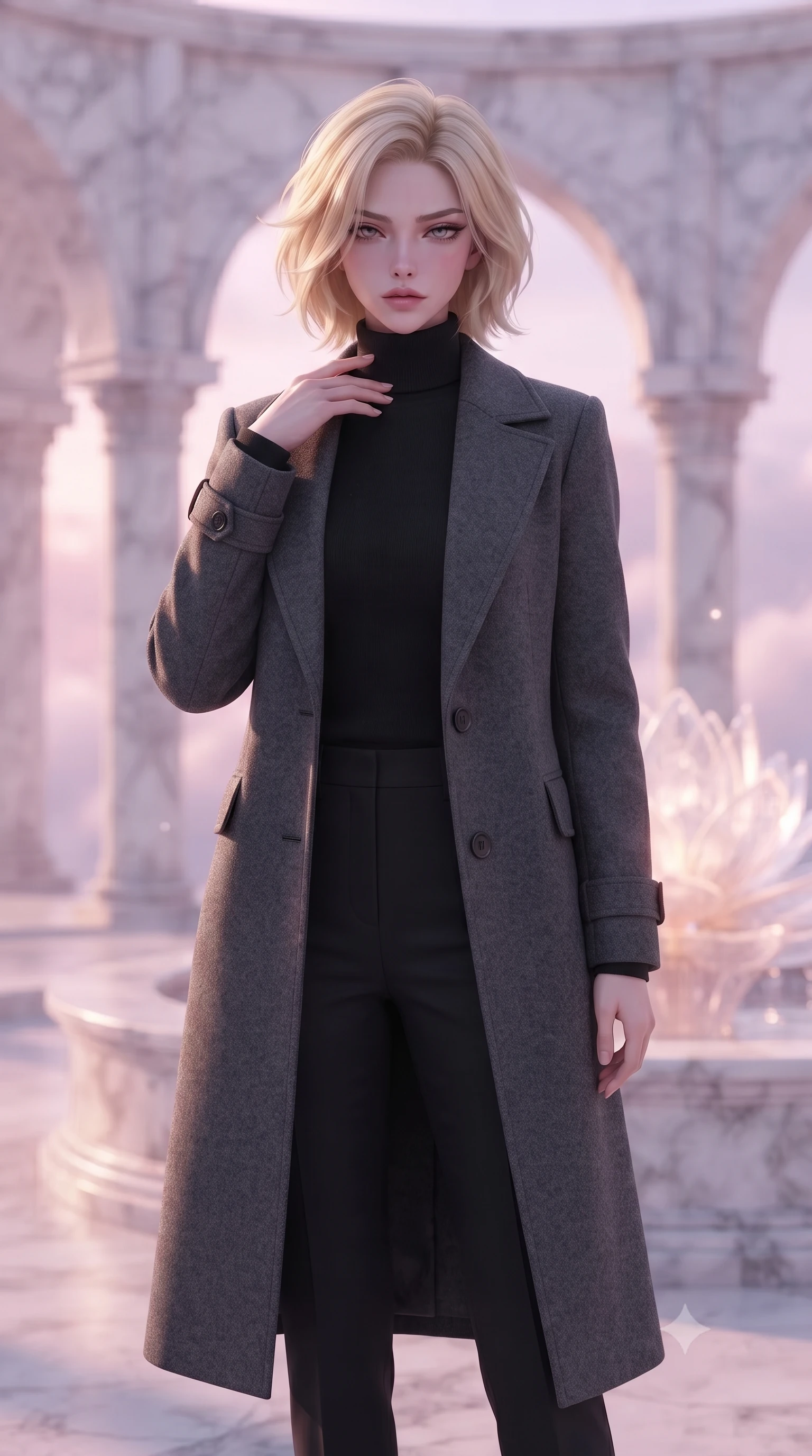 score_9, masterpiece, best quality, ultra-detailed, high-budget anime keyframe, editorial fashion photography, tasteful artistic composition, Caucasian woman. close-up cowboy shot from the waist and thighs up, the character dominates the composition, filling the frame with her large presence, background elements kept in soft focus. standing with one hand resting on her collarbone, looking at the viewer with bedroom-eyes the background shows a soft-focus a secluded cloud palace courtyard with white marble arches and glowing lotus fountains. She has an exceptionally elegant, slender, and willowy female figure with an ultra-slim waist, a gracefully sculpted slender torso, and a refined silhouette. sharp v-shaped jawline, high-bridge nose, intricate jewel-like eyes with depth, thick eyelashes, glossy lips with a natural sheen. wearing a slim-fit tailored wool trench coat in charcoal grey, worn closed over a black cashmere turtleneck and trousers. soft pink and lavender sunset scatter light painting the marble. ultra-reflective glossy finish, specular highlights, metallic sheen, high-contrast stereoscopic depth, volumetric dynamic lighting, 2k, ultra detail, master piece, 9:16 ratio