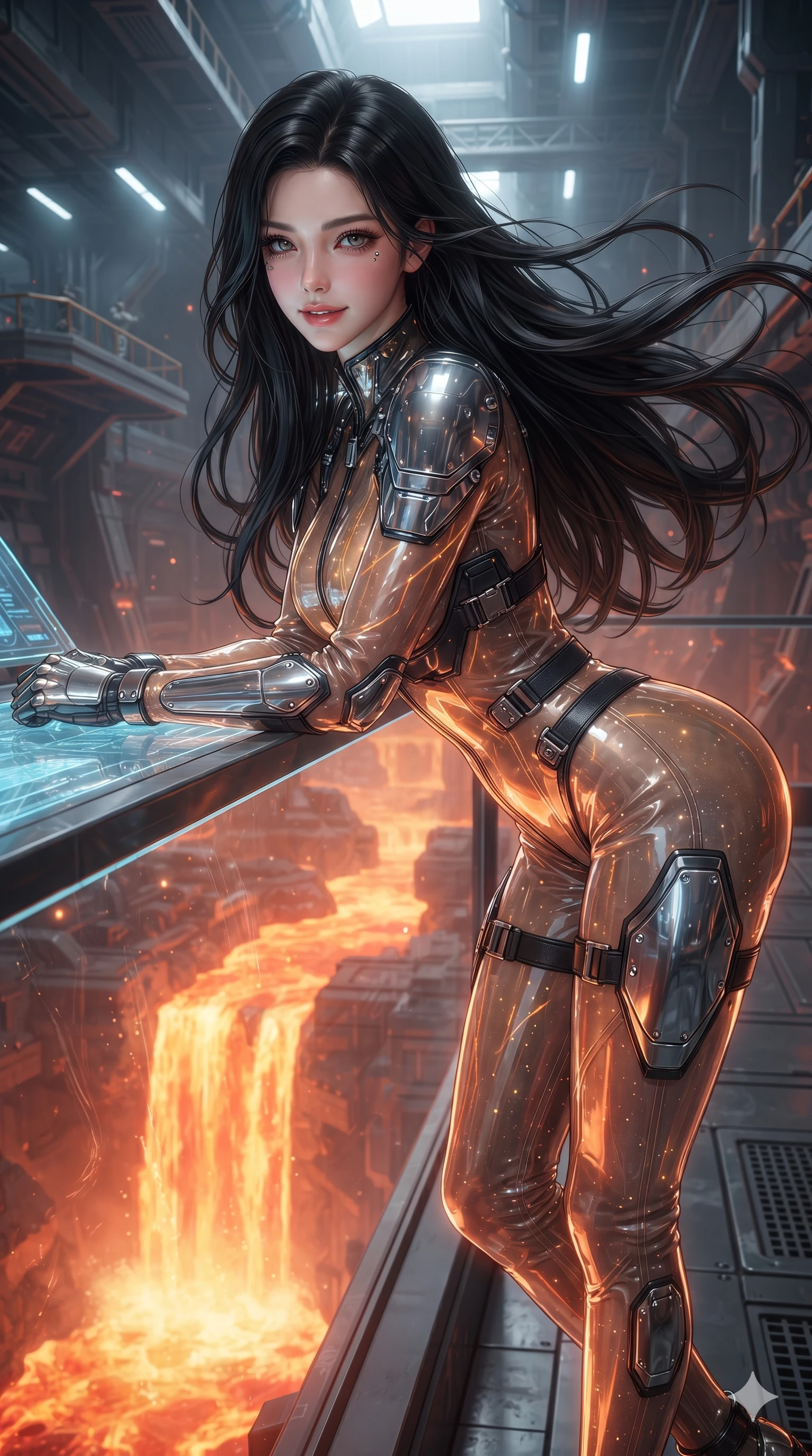 score_9, masterpiece, best quality, ultra-detailed, high-budget anime keyframe, editorial fashion photography, tasteful artistic composition, Korean woman. close-up cowboy shot from the waist and thighs up, the character dominates the composition, filling the frame with her large presence. leaning forward over the holographic console while arching her lower back to accentuate her curvy hips, looking into the camera with an intoxicating smoldering bedroom-gaze while leaning over the heat-shielded glass balustrade with hips cocked back, looking through ascending heat waves with heavy-lidded seductive eyes. The surrounding environment is rendered in vivid detail and crisp panoramic clarity: detailed high-tech combat tailoring, tactical belt hardware, and monumental subterranean infrastructure in crisp definition. She has an exceptionally elegant, slender, and willowy female figure with an ultra-slim waist, flat toned midriff, narrow ribcage, and sculpted feminine hips creating an alluring, slim hourglass silhouette without bulk. sharp v-shaped jawline, high-bridge nose, intricate jewel-like sparkling eyes with depth, thick eyelashes, glossy parted lips with a natural sheen, bright confident smile with an enchanting and coquettish sensual glint, exuding both youthful magnetic charm and sovereign high-tech allure, flawlessly proportioned anatomical accuracy, strict slender model proportions, natural body alignment, perfectly sculpted long slender limbs, ultra-slim waistline, clean dynamic posture without body distortion. wearing a translucent high-gloss polymer flight suit with internal luminescent wire filigree and tailored waist cinching in cosmic eclipse amber and starlight diamond, made of fluid liquid jersey with seamless sculpting hold and smooth contours, accented with strategically placed chrome armor plate guards covering key curves, the bespoke structured tailoring following the natural line of her 8.5-heads silhouette with refined elegance. bathed in the radiant 2000K upward glow of the cascading magma river combined with overhead industrial quartz worklights. ultra-reflective glossy finish, specular highlights, rich textural contrasts, high-contrast stereoscopic depth, volumetric dynamic lighting, 2k, ultra detail, master piece, 9:16 ratio