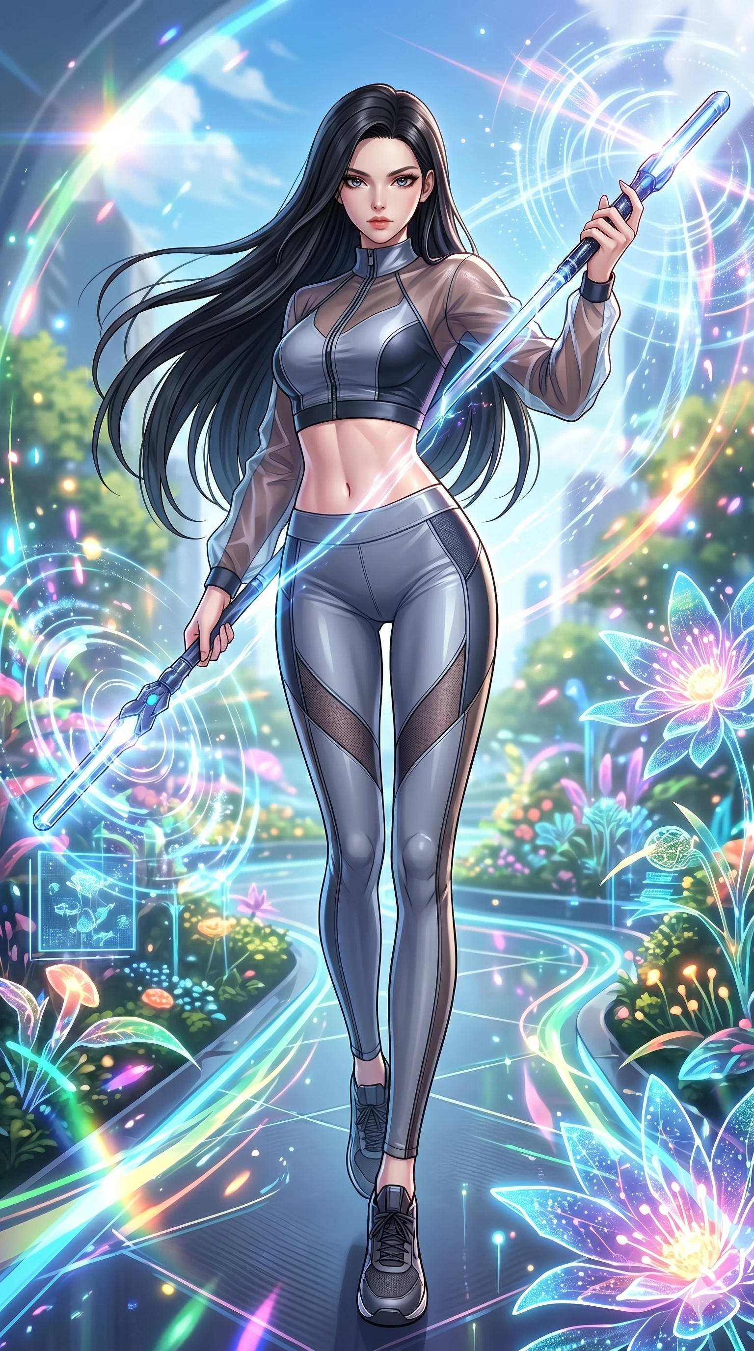 score_9, masterpiece, best quality, ultra-detailed, High-budget Anime Keyframe, beautiful Caucasian anime girl (strictly human ears). Low angle cowboy shot filling the entire 9:16 frame with her statuesque presence. Summoning a staff that creates ripples of light in the air in a futuristic garden. She has an absolutely perfect 8-heads proportion, an exceptionally tall and slender female figure with impossibly long slender legs and an ultra-slim waist. Sharp v-shaped jawline, high-bridge nose, intricate jewel-like eyes with depth, thick eyelashes, glossy lips with a natural sheen. Wearing a Premium Athleisure outfit: sleek activewear with a sheer windbreaker and exposed midriff. Background is a bright and colorful park with holographic flora and vibrant lighting effects. 2k, ultra detail, master piece, 9:16 ratio