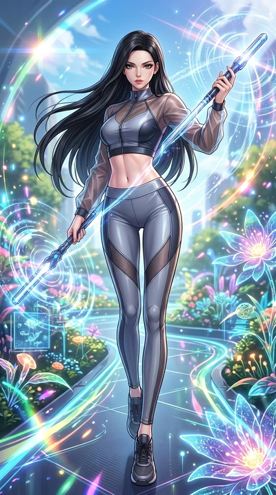 score_9, masterpiece, best quality, ultra-detailed, High-budget Anime Keyframe, beautiful Caucasian anime girl (strictly human ears). Low angle cowboy shot filling the entire 9:16 frame with her statuesque presence. Summoning a staff that creates rip