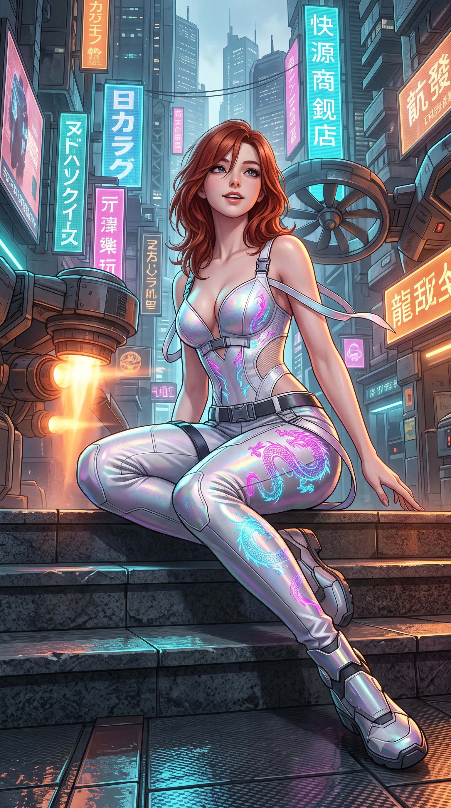score_9, masterpiece, best quality, ultra-detailed, high-budget anime keyframe, semi-realistic 3D game render, editorial fashion photography, tasteful artistic composition, Korean woman. low angle full-body shot from head to toe showing her feet, filling the entire 9:16 vertical frame with her statuesque presence, stretching her vertical silhouette. sitting poised on the stone steps with one knee bent, arching her spine with supermodel elegance as she glances upward through thick eyelashes while twisting her slender torso in an alluring contrapposto stance, dripping holographic dragon signs painting electric magenta and cyan across her narrow waist and hips. The surrounding environment is rendered in vivid detail and crisp panoramic clarity: sharp wet carbon floor reflections, intricate holographic Japanese and Chinese calligraphy, and razor-sharp VTOL turbine blade textures in deep focus. She has an exceptionally tall and slender model-like 8.5-heads proportion, an ultra-slim waist, a flat toned midriff, narrow delicate ribcage, and beautifully sculpted feminine hips creating a graceful, slim hourglass silhouette without any bulky heaviness, with impossibly long slender legs. sharp v-shaped jawline, high-bridge nose, intricate jewel-like sparkling eyes with depth, thick eyelashes, glossy parted lips with a natural peach sheen, bright cheerful beaming smile with an enchanting and coquettish sensual glint, exuding both youthful cute charm and seductive allure, flawlessly proportioned anatomical accuracy, strict slender model proportions, natural body alignment, perfectly sculpted long slender limbs, ultra-slim waistline, clean dynamic posture without body distortion. wearing an alluring plunging sweetheart tactical bodice with sheer mesh side-waist cutouts contouring her ribs in holographic prismatic pearl and aerospace white, tailored from high-density tech-wool with subtle metallic thread weave, finished with sleek magnetic buckle closures fluttering in the breeze, the form-contouring silhouette accentuating her sculpted flat midriff, narrow delicate ribcage, and gracefully curvy hips with intoxicating allure. bathed in the multi-hued ambient neon glow of towering holographic billboards mixed with warm orange VTOL engine exhausts. highly saturated vibrant anime colors, detailed shading with soft gradients, rich glossy textures, high-contrast stereoscopic depth, volumetric dynamic lighting, master piece, 9:16 ratio