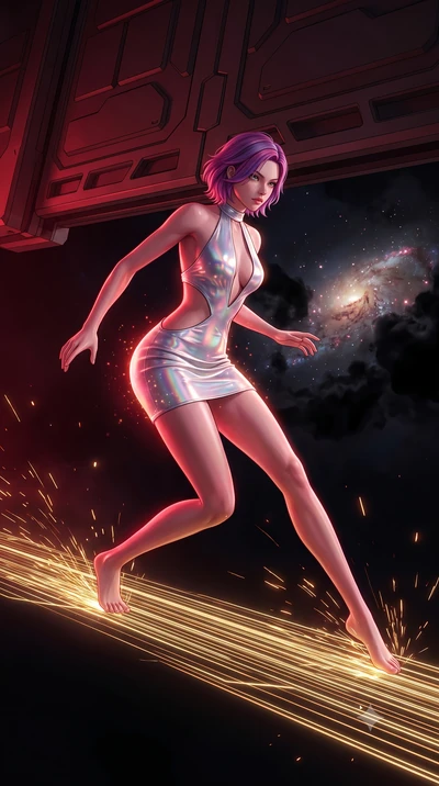 score_9, masterpiece, best quality, ultra-detailed, high-budget anime keyframe, editorial fashion photography, tasteful artistic composition, Caucasian woman, strictly human ears. low angle full-body shot from head to toe showing her feet, filling th