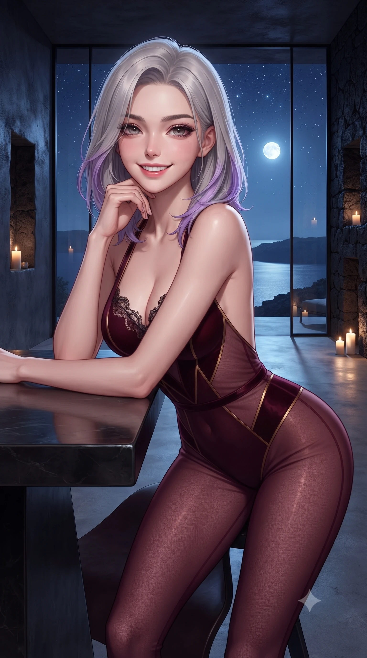 score_9, masterpiece, best quality, ultra-detailed, high-budget anime keyframe, editorial fashion photography, tasteful artistic composition, Caucasian woman. close-up cowboy shot from the waist and thighs up, the character dominates the composition, filling the frame with her large presence. resting one elbow on the table and supporting her chin, leaning close to the camera with heavy-lidded sparkling eyes and parted lips while standing poised before the floor-to-ceiling glass wall framing the moonlit caldera, arching her lower back to emphasize her curvy hips against the black basalt walls. The surrounding environment is rendered in vivid detail and crisp panoramic clarity: sharp porous black basalt rock textures, carved wall alcove relief, and polished concrete floor in deep focus. She has an exceptionally elegant, slender, and willowy female figure with an ultra-slim waist, flat toned midriff, narrow ribcage, and sculpted feminine hips creating an alluring, slim hourglass silhouette without bulk. sharp v-shaped jawline, high-bridge nose, intricate jewel-like sparkling eyes with depth, thick eyelashes, glossy parted lips with a natural peach sheen, bright cheerful beaming smile with an enchanting and coquettish sensual glint, exuding both youthful cute charm and seductive allure, flawlessly proportioned anatomical accuracy, strict slender model proportions, natural body alignment, perfectly sculpted long slender limbs, ultra-slim waistline, clean dynamic posture without body distortion. wearing a provocative backless sheer illusion halter catsuit with strategic velvet geometric panels hugging her hourglass waist in French boudoir bordeaux wine and gilded bronze, made of fluid liquid jersey with seamless sculpting hold and smooth contours, finished with scalloped eyelash lace trim framing her sweetheart neckline with intimate elegance, the glove-like clinging cut tightly following the natural contour of her hips and long slender legs with youthful 8.5-heads elegance. bathed in the intimate warm 2300K candlelight radiating from stone niches mixed with cool blue moonlight through glass. ultra-reflective glossy finish, specular highlights, rich textural contrasts, high-contrast stereoscopic depth, volumetric dynamic lighting, 2k, ultra detail, master piece, 9:16 ratio