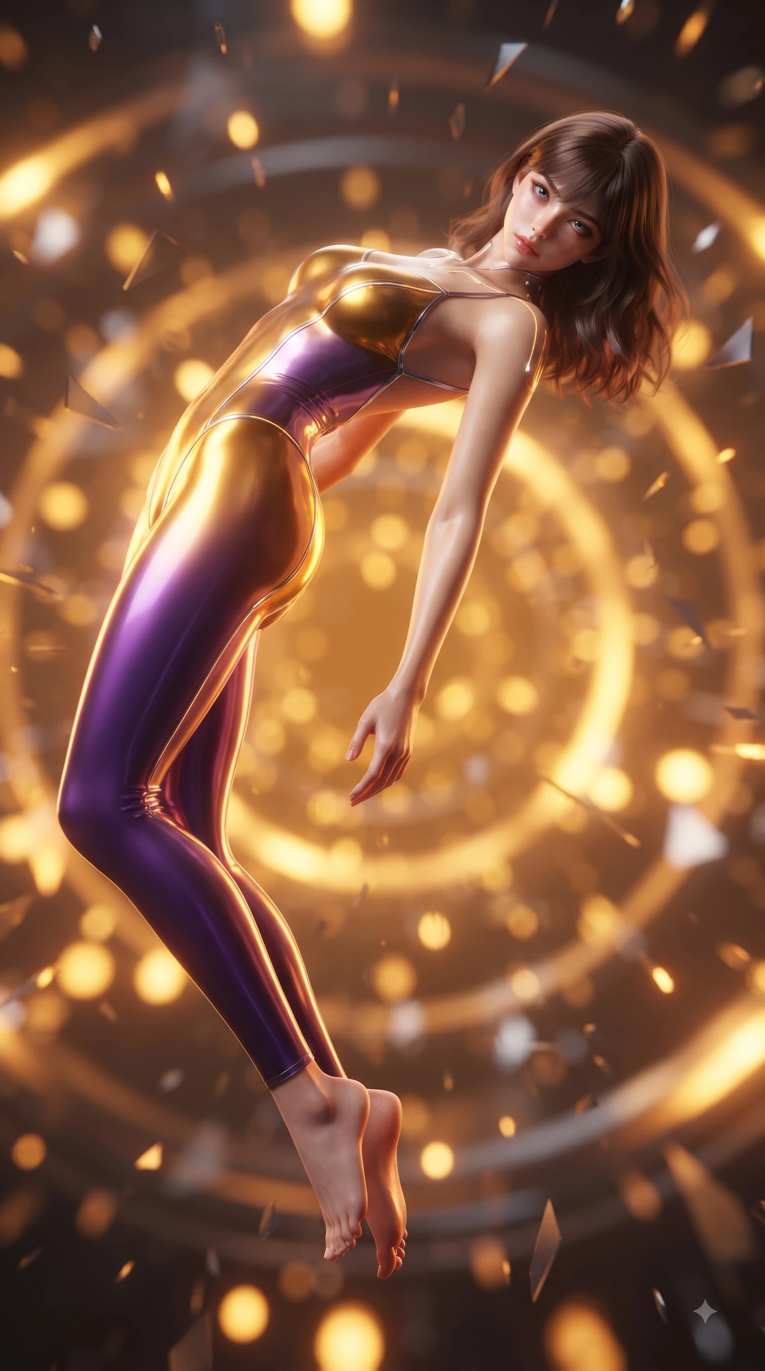 score_9, masterpiece, best quality, ultra-detailed, high-budget anime keyframe, editorial fashion photography, tasteful artistic composition, Korean woman. low angle full-body shot from head to toe showing her feet, filling the entire 9:16 vertical frame with her statuesque presence, stretching her vertical silhouette. performing an alluring mid-air vault with flawless poise, looking directly into the camera with smoldering intensity while arching her body in zero-gravity as rings of magnetic particle acceleration illuminate her silhouette. The composition keeps background elements in soft focus with creamy bokeh. pulsating plasma rings and floating geometric shards blurred into intense golden-orange bokeh. She has an absolutely perfect, statuesque 8.5-heads proportion, an exceptionally tall and slender model-like female figure with impossibly long slender legs and an ultra-slim waist. sharp v-shaped jawline, high-bridge nose, intricate jewel-like eyes with depth, thick eyelashes, glossy lips with a natural sheen, flawlessly proportioned anatomical accuracy, natural body alignment, perfectly sculpted elegant limbs, clean dynamic posture without body distortion. wearing a liquid chrome micro-bodysuit sculpted tightly to her figure, featuring razor-thin metallic straps and an open back in lustrous molten gold and pure deep violet, tailored from semi-translucent cybernetic vinyl with glowing micro-filaments, accented with glowing fiber-optic seams tracing her collarbones and hip curves, the liquid-tight fabric adhering flawlessly to her sculpted torso and slender silhouette. surrounded by a supercharged, high-voltage, and breathtakingly bold sensual aura. ultra-reflective glossy finish, specular highlights, metallic sheen, high-contrast stereoscopic depth, volumetric dynamic lighting, 2k, ultra detail, master piece, 9:16 ratio