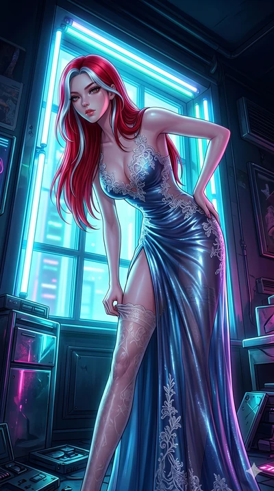score_9, masterpiece, best quality, ultra-detailed, High-budget Anime Keyframe, East Asian woman. Low angle cowboy shot filling the entire 9:16 frame with her statuesque presence. Scenario 7: Adjusting her thigh-high stocking by a glowing neon window