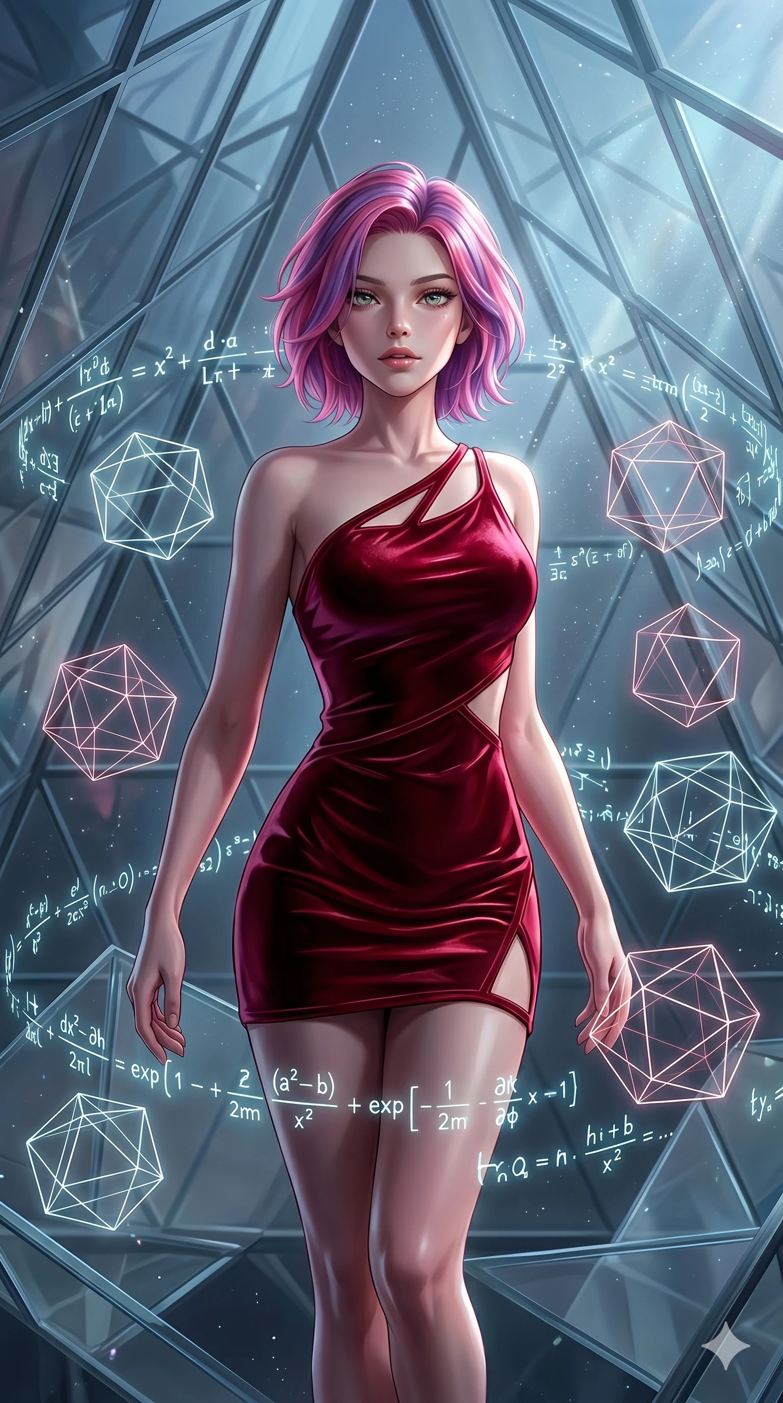 score_9, masterpiece, best quality, ultra-detailed, high-budget anime keyframe, editorial fashion photography, tasteful artistic composition, Caucasian woman, strictly human ears. upper body close-up from the thighs up, character filling the screen for maximum presence. swirling in a vortex of inside a geometric glass pyramid surrounded by floating mathematical equations while floating geometrical wireframes rotate and pulse in synch. She has an absolutely perfect 8-heads proportion, an exceptionally tall and slender female figure with impossibly long slender legs and an ultra-slim waist. V-shaped jawline, high-bridge nose, intricate jewel-like eyes with depth, thick eyelashes, glossy lips with a natural sheen.. wearing an asymmetric liquid velvet slip dress, featuring a wet-look deep crimson red velvet one-shoulder mini slip with asymmetric geometric cutout trim. illuminated by dramatic chiaroscuro casting soft shadows along her curves, with vibrant backlighting highlighting the dust particles. 2k, ultra detail, master piece, 9:16 ratio