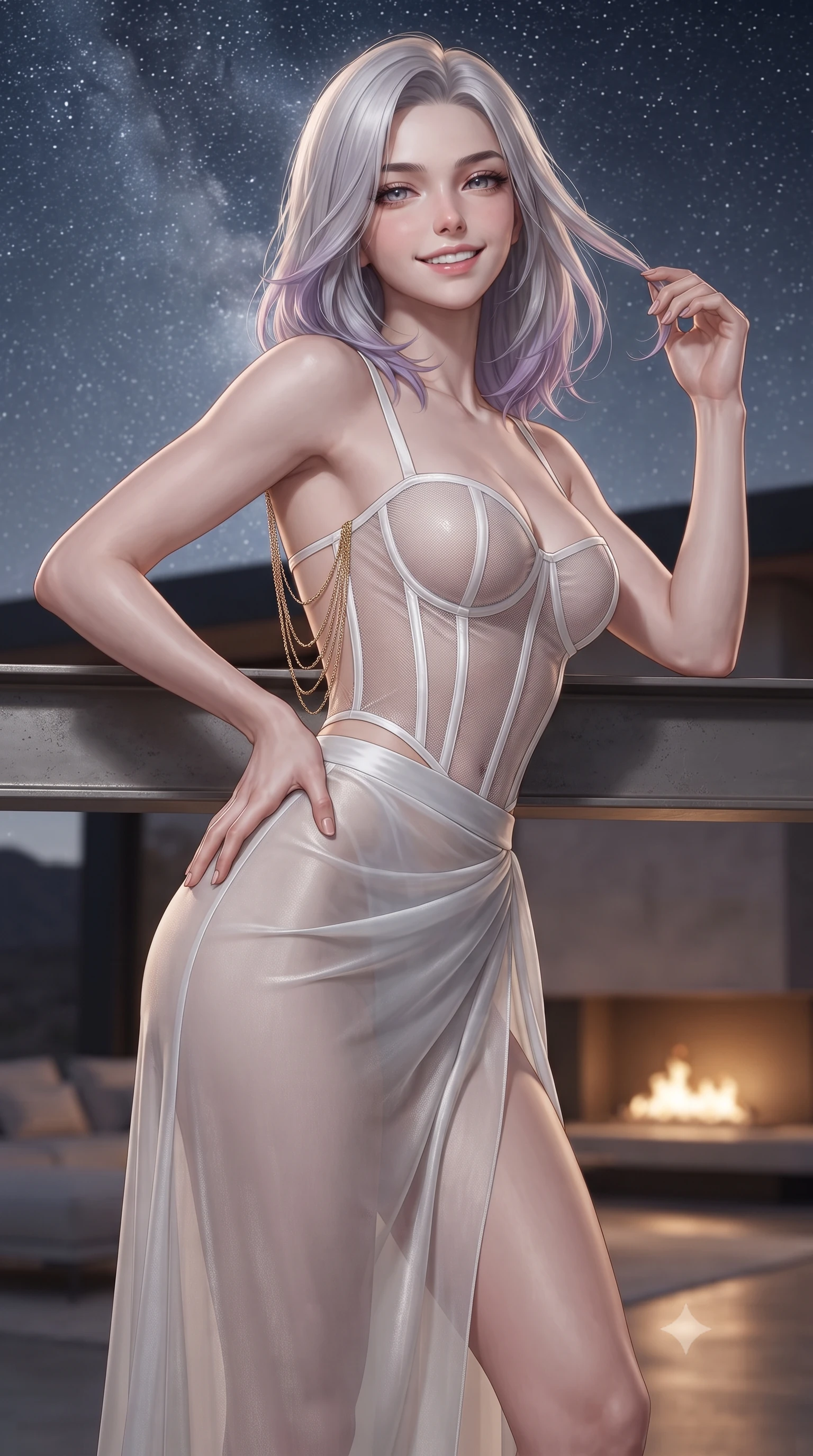 score_9, masterpiece, best quality, ultra-detailed, high-budget anime keyframe, editorial fashion photography, tasteful artistic composition, Caucasian woman. close-up cowboy shot from the waist and thighs up, the character dominates the composition, filling the frame with her large presence. twisting her slender torso in an alluring contrapposto stance, one hand resting on her sculpted hip while her fingers toy with her hair with effortless poise while leaning against the horizontal steel cantilever beam with hips cocked back, looking into the vast starry sky with heavy-lidded bedroom-eyes. The background shows a soft-focus interior minimalist hearth flames softened in avant-garde architectural sanctuary shallow focus. She has an exceptionally elegant, slender, and willowy female figure with an ultra-slim waist, flat toned midriff, narrow ribcage, and sculpted feminine hips creating an alluring, slim hourglass silhouette without bulk. sharp v-shaped jawline, high-bridge nose, intricate jewel-like sparkling eyes with depth, thick eyelashes, glossy parted lips with a natural peach sheen, bright cheerful beaming smile with an enchanting and coquettish sensual glint, exuding both youthful cute charm and seductive allure, flawlessly proportioned anatomical accuracy, strict slender model proportions, natural body alignment, perfectly sculpted long slender limbs, ultra-slim waistline, clean dynamic posture without body distortion. wearing a provocative translucent mesh corset bodice with boned satin channels paired with a sheer chiffon wrap maxi skirt in pure translucent crystal white and liquid platinum, tailored from ultra-plush silk velvet with rich tactile depth and deep shadow gradients, accented with an open-back drape framed by falling strands of delicate gold chains, the second-skin tailored fabric adhering flawlessly to her sculpted flat midriff and slender torso, emphasizing her long leg lines and perfectly proportioned willowy build. bathed in the brilliant silver starlight of the unpolluted Mojave sky contrasted with warm 2200K interior fireplace glows. ultra-reflective glossy finish, specular highlights, rich textural contrasts, high-contrast stereoscopic depth, volumetric dynamic lighting, 2k, ultra detail, master piece, 9:16 ratio