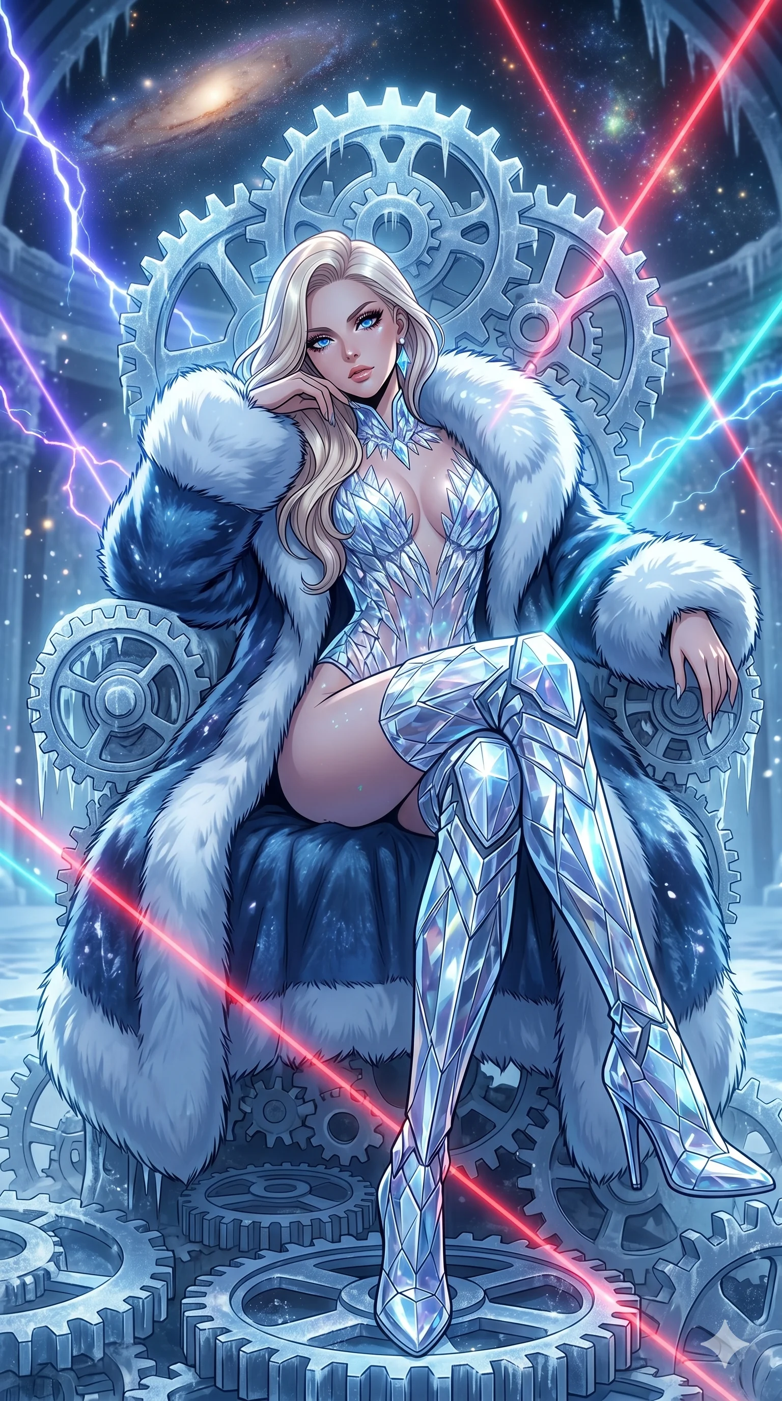 score_9, masterpiece, best quality, ultra-detailed, high-budget anime movie keyframe, cinematic anime lighting, intricate line art, Japanese woman. Upper body filling screen focusing on her alluring features and slim-fit silhouette. resting on a throne of gears in a frozen starlight ballroom with lightning lasers. She has an absolutely perfect 8-heads proportion, an exceptionally tall and slender female figure with an ultra-slim waist and impossibly long slender legs. sharp v-shaped jawline, high-bridge nose, intricate jewel-like eyes, thick eyelashes, glossy lips. Wearing seasonal winter-couture featuring a plush oversized faux-fur coat worn over a skin-tight crystalline leotard and thigh-high stiletto boots. The scene is illuminated by dramatic atmospheric lighting and vibrant color palettes. , 2k, ultra detail, master piece, 9:16 ratio