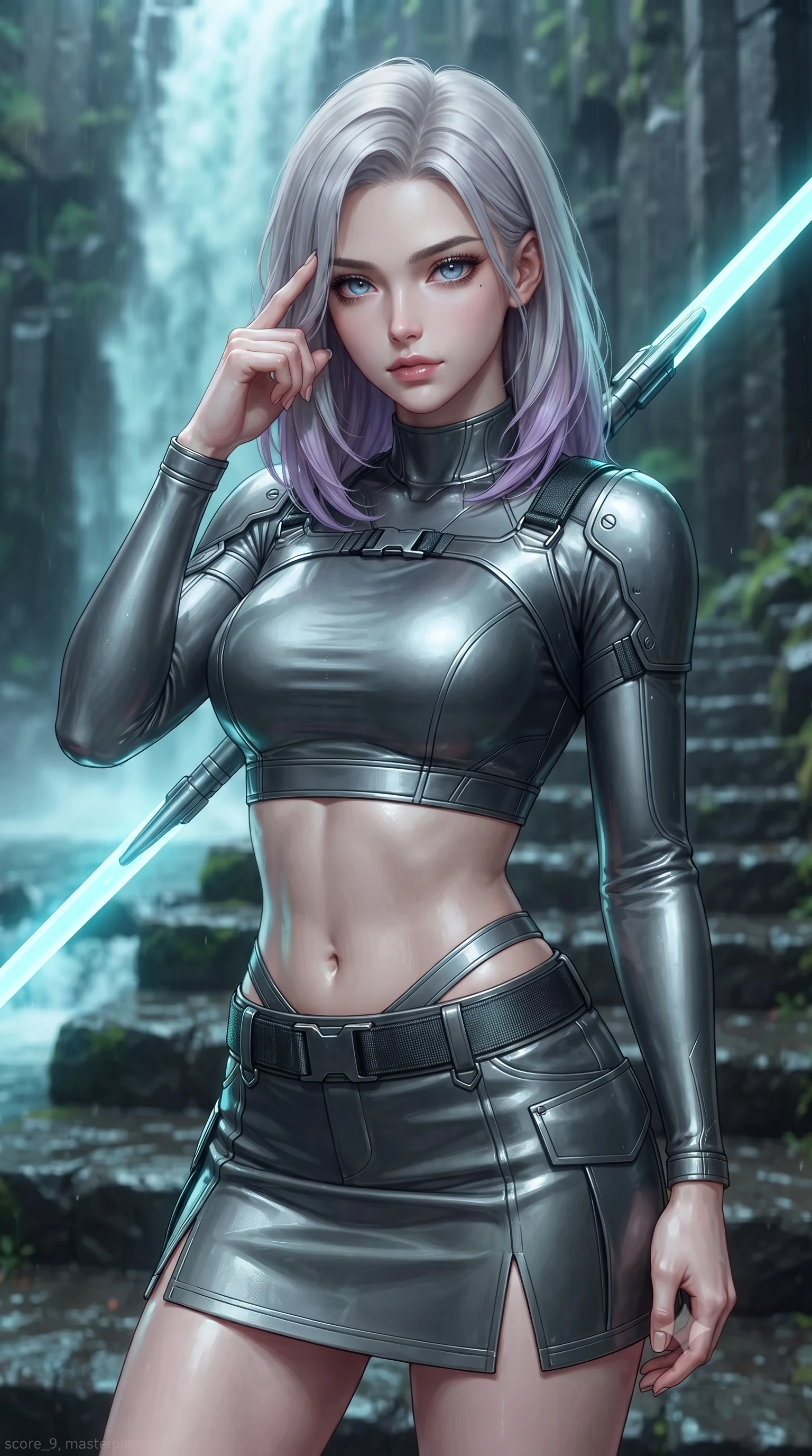 score_9, masterpiece, best quality, ultra-detailed, high-budget anime keyframe, editorial fashion photography, tasteful artistic composition, Caucasian woman. close-up cowboy shot from the waist and thighs up, the character dominates the composition, filling the frame with her large presence, background elements kept in soft focus. pressing two fingers to her temple while holding a light-spear diagonally behind her in a composed thoughtful gesture, the background shows a soft-focus a waterfall observation deck with basalt pillars and wet stone stairs. She has an exceptionally elegant, slender, and willowy female figure with an ultra-slim waist, a gracefully sculpted slender torso, and a refined silhouette. sharp v-shaped jawline, high-bridge nose, intricate jewel-like eyes with depth, thick eyelashes, glossy lips with a natural sheen. wearing a form-contouring modern carbon-alloy crop top paired with a low-rise tactical skirt and a subtle waist cut-out. cool aqua light reflecting from the waterfall onto wet stone and her armor. ultra-reflective glossy finish, specular highlights, metallic sheen, high-contrast stereoscopic depth, volumetric dynamic lighting, 2k, ultra detail, master piece, 9:16 ratio