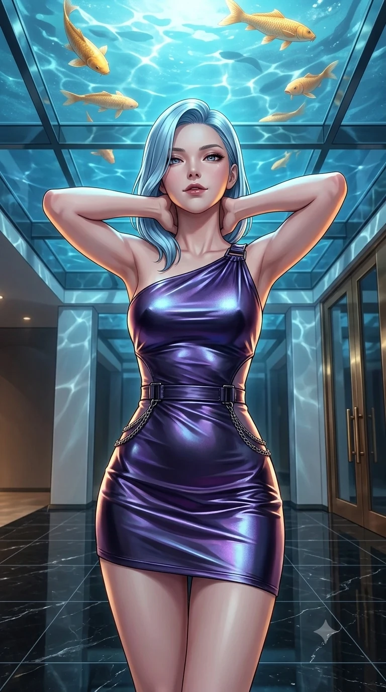 score_9, masterpiece, best quality, ultra-detailed, high-budget anime keyframe, semi-realistic 3D game render, editorial fashion photography, tasteful artistic composition, Korean woman. close-up cowboy shot from the waist and thighs up, the character dominates the composition, filling the frame with her large presence. resting both hands lightly behind her neck with elbows raised, arching her spine to highlight her narrow waist and flat midriff while standing poised on the black marble floor beneath the transparent glass ceiling, looking up as golden koi swim through illuminated waters overhead. The surrounding environment is rendered in vivid detail and crisp panoramic clarity: sharp structural glass ceiling beams, water caustics patterns on polished granite, and bronze door fittings in deep focus. She has an exceptionally elegant, slender, and willowy female figure with an ultra-slim waist, flat toned midriff, narrow ribcage, and sculpted feminine hips creating an alluring, slim hourglass silhouette without bulk. sharp v-shaped jawline, high-bridge nose, intricate jewel-like dark sparkling eyes with hypnotic seductive depth, thick curled eyelashes, glossy parted lips with a natural wine sheen, alluring bedroom-eyes with an enigmatic smoldering smile, exuding magnetic sovereign charisma and dark avant-garde glamour, flawlessly proportioned anatomical accuracy, strict slender model proportions, natural body alignment, perfectly sculpted long slender limbs, ultra-slim waistline, clean dynamic posture without body distortion. wearing an asymmetric one-shoulder liquid mercury metallic mini dress hugging her narrow waist and curvy hips in iridescent dark violet taffeta and midnight indigo, tailored from smooth liquid silk satin that clings smoothly to her narrow waist and rounded hips with a dewy sheen, framed by dark titanium buckles and silver chain details, the bespoke structured tailoring following the natural line of her 8.5-heads silhouette with refined elegance. illuminated by polished floor bounce and sharp cyan-amber rim lights defining her razor-sharp jawline, narrow waist, and curvy hips. highly saturated vibrant anime colors, detailed shading with soft gradients, rich glossy textures, high-contrast stereoscopic depth, volumetric dynamic lighting, master piece, 9:16 ratio