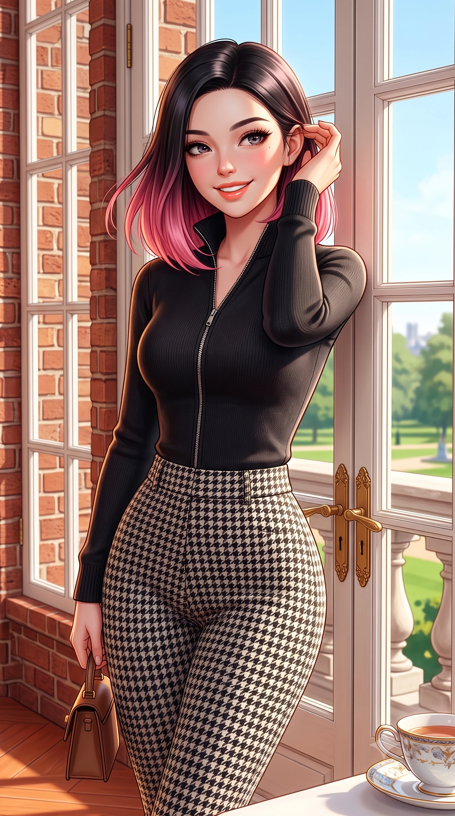 score_9, masterpiece, best quality, ultra-detailed, high-budget anime keyframe, semi-realistic 3D game render, editorial fashion photography, tasteful artistic composition, Korean woman. close-up cowboy shot from the waist and thighs up, the character dominates the composition, filling the frame with her large presence. gently brushing a lock of hair behind her ear while casting a playful, flirtatious side-gaze with long eyelashes while leaning against the ornate French double doors looking out toward Kensington Gardens with a serene, captivating expression. The surrounding environment is rendered in vivid detail and crisp panoramic clarity: sharp red-brick masonry relief, delicate white painted window mullions, and fine porcelain teacup glaze in deep focus. She has an exceptionally elegant, slender, and willowy female figure with an ultra-slim waist, flat toned midriff, narrow ribcage, and sculpted feminine hips creating an alluring, slim hourglass silhouette without bulk. sharp v-shaped jawline, high-bridge nose, intricate jewel-like sparkling eyes with depth, thick eyelashes, glossy parted lips with a natural peach sheen, bright cheerful beaming smile with an enchanting and coquettish sensual glint, exuding both youthful cute charm and seductive allure, flawlessly proportioned anatomical accuracy, strict slender model proportions, natural body alignment, perfectly sculpted long slender limbs, ultra-slim waistline, clean dynamic posture without body distortion. wearing a body-hugging thermal cashmere zip-front ski sweater paired with sleek high-waisted stretch stirrup trousers in classic Savile Row charcoal houndstooth and crisp ivory, made of ultra-fine Mongolian cashmere with sleek glove-like elasticity contouring her silhouette, finished with a structured leather micro-bag held lightly at her hip, the liquid-tight tailored fabric clinging flawlessly to her narrow waist and rounded feminine hips, emphasizing every millimeter of her sculpted slim hourglass curves without any bulky heaviness. illuminated by terracotta floor reflection fill and warm golden rim lights defining her delicate collar and willowy silhouette. highly saturated vibrant anime colors, detailed shading with soft gradients, rich glossy textures, high-contrast stereoscopic depth, volumetric dynamic lighting, master piece, 9:16 ratio