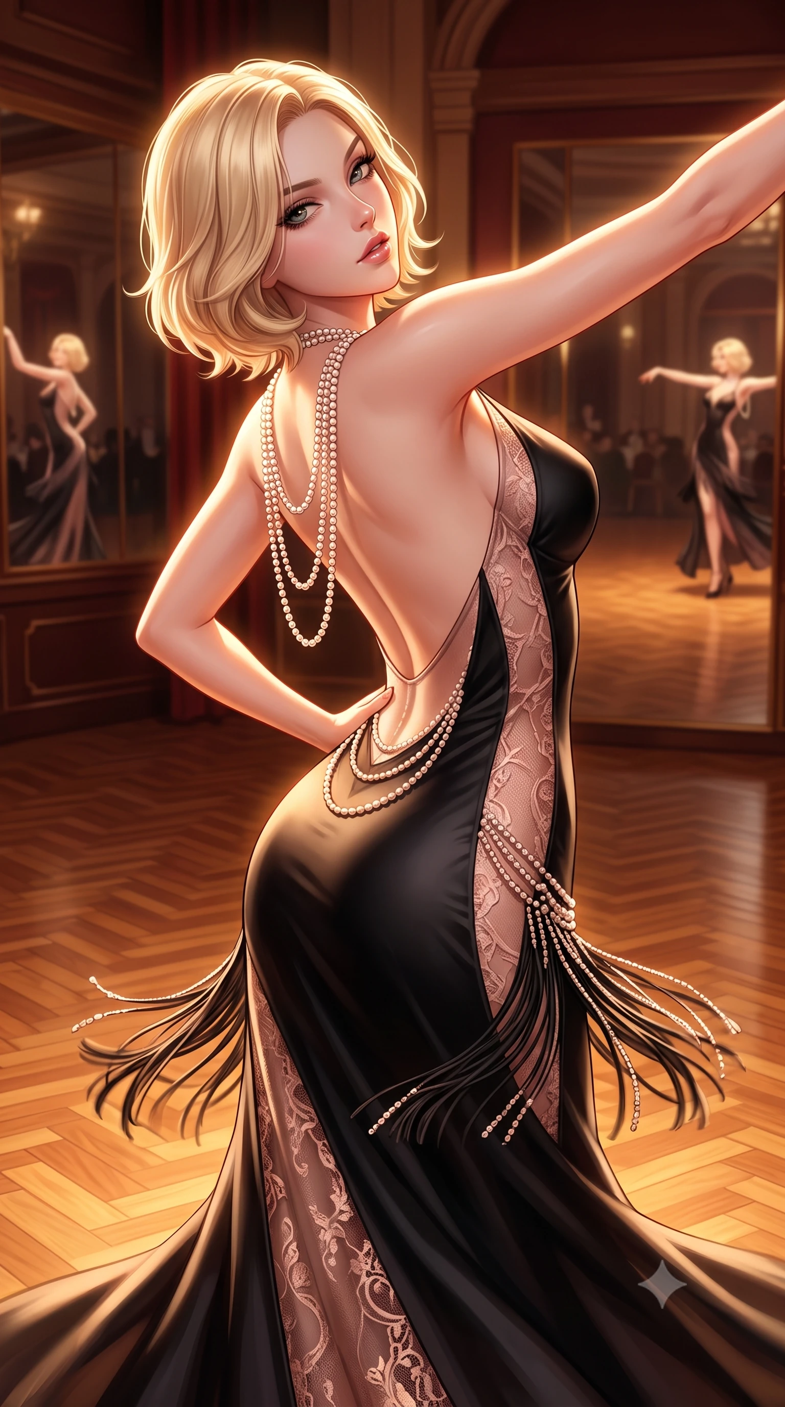 score_9, masterpiece, best quality, ultra-detailed, high-budget anime keyframe, semi-realistic 3D game render, editorial fashion photography, tasteful artistic composition, Caucasian woman. close-up cowboy shot from the waist and thighs up, the character dominates the composition, filling the frame with her large presence. arching her spine backward with effortless dancer poise, one hand sliding along her hip line as directional light carves specular highlights along her silhouette while twirling dynamically on the polished parquet dance floor, fringes of her dress fluttering around her curvy hips. The surrounding environment is rendered in vivid detail and crisp panoramic clarity. detailed fringe tassel movement, beaded dress embroidery, and mirror reflection clarity in high resolution. She has an exceptionally elegant, slender, and willowy female figure with an ultra-slim waist, a gracefully sculpted slender torso, toned flat midriff, and rounded feminine hips creating an alluring hourglass silhouette. sharp v-shaped jawline, high-bridge nose, intricate jewel-like eyes with depth, thick eyelashes, glossy parted lips with a natural sheen, intensely captivating and seductive bedroom-eyes expression, flawlessly proportioned anatomical accuracy, strict slender model proportions, natural body alignment, perfectly sculpted long slender limbs, ultra-slim waistline, clean dynamic posture without body distortion. wearing a second-skin black silk jersey flapper gown with sheer lace side panels tracing her curves in dusky blush rose and champagne shimmer, tailored from fluid silk crepe with delicate inner corsetry boning, accented with a multi-strand pearl back necklace cascading down her bare spine to her hips, the form-contouring material adhering flawlessly to her sculpted flat midriff and slender torso, emphasizing her long leg lines and perfectly proportioned willowy build. illuminated by rich directional firelight sculpting every feminine curve of her slender silhouette. highly saturated vibrant anime colors, detailed shading with soft gradients, rich glossy textures, high-contrast stereoscopic depth, volumetric dynamic lighting, master piece, 9:16 ratio