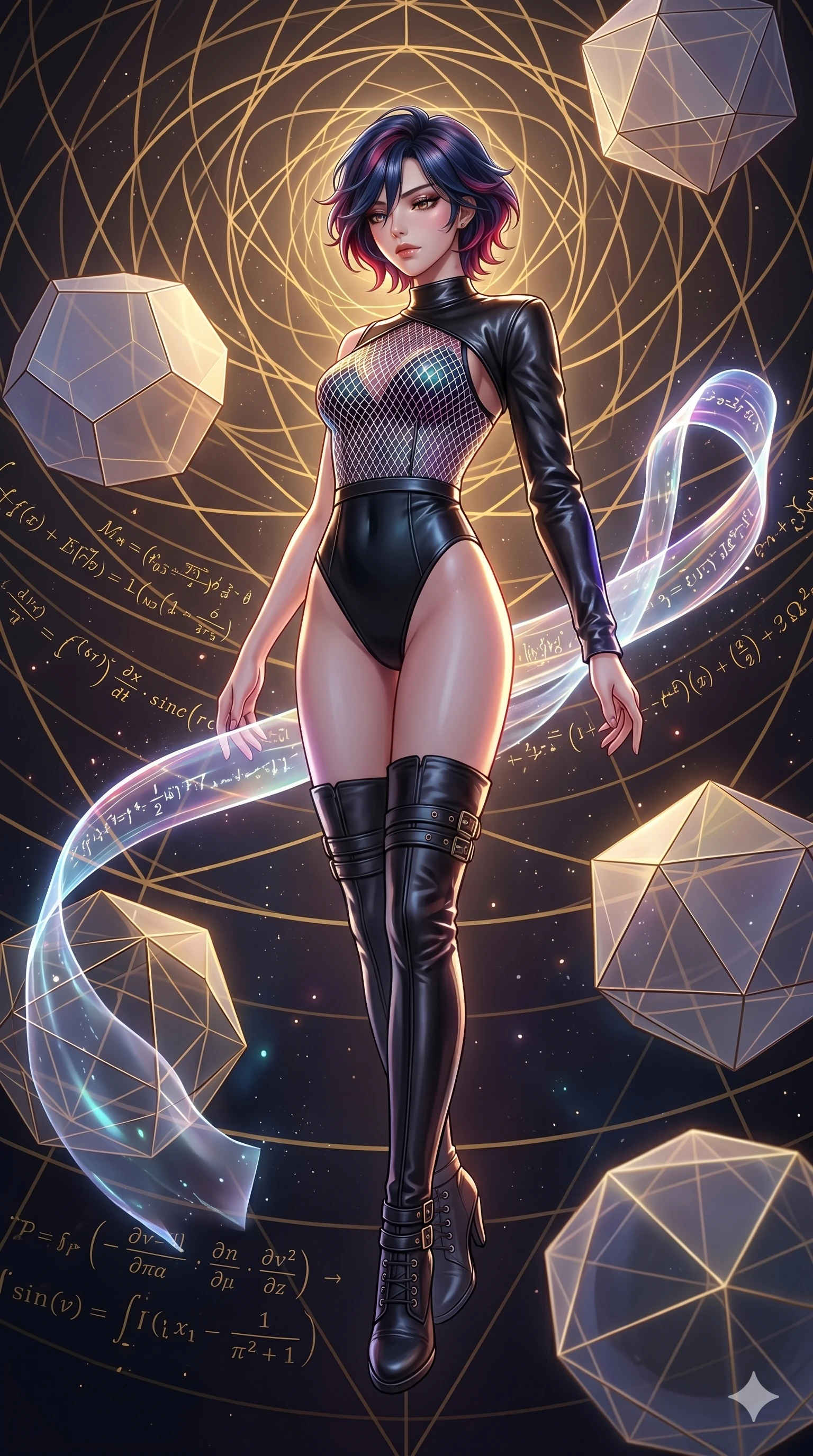 score_9, masterpiece, best quality, ultra-detailed, high-budget anime keyframe, Korean woman. low angle full-body shot filling the entire 9:16 frame with her statuesque presence, stretching the vertical silhouette. floating gracefully in a mathematical mandala void filled with golden geometric lines of complex formulas, holding a translucent ribbon as she glides between floating regular polyhedrons. She has an absolutely perfect 8-heads proportion, an exceptionally tall and slender female figure with impossibly long slender legs and an ultra-slim waist. V-shaped jawline, high-bridge nose, intricate jewel-like eyes with depth, thick eyelashes, glossy lips with a natural sheen.. wearing a structured iridescent mesh fashion top, a cropped single-sleeve black leather shrug for a bold stage look. illuminated by dramatic chiaroscuro casting soft shadows along her elegant contours, with vibrant backlighting highlighting the dust particles. 2k, ultra detail, master piece, 9:16 ratio