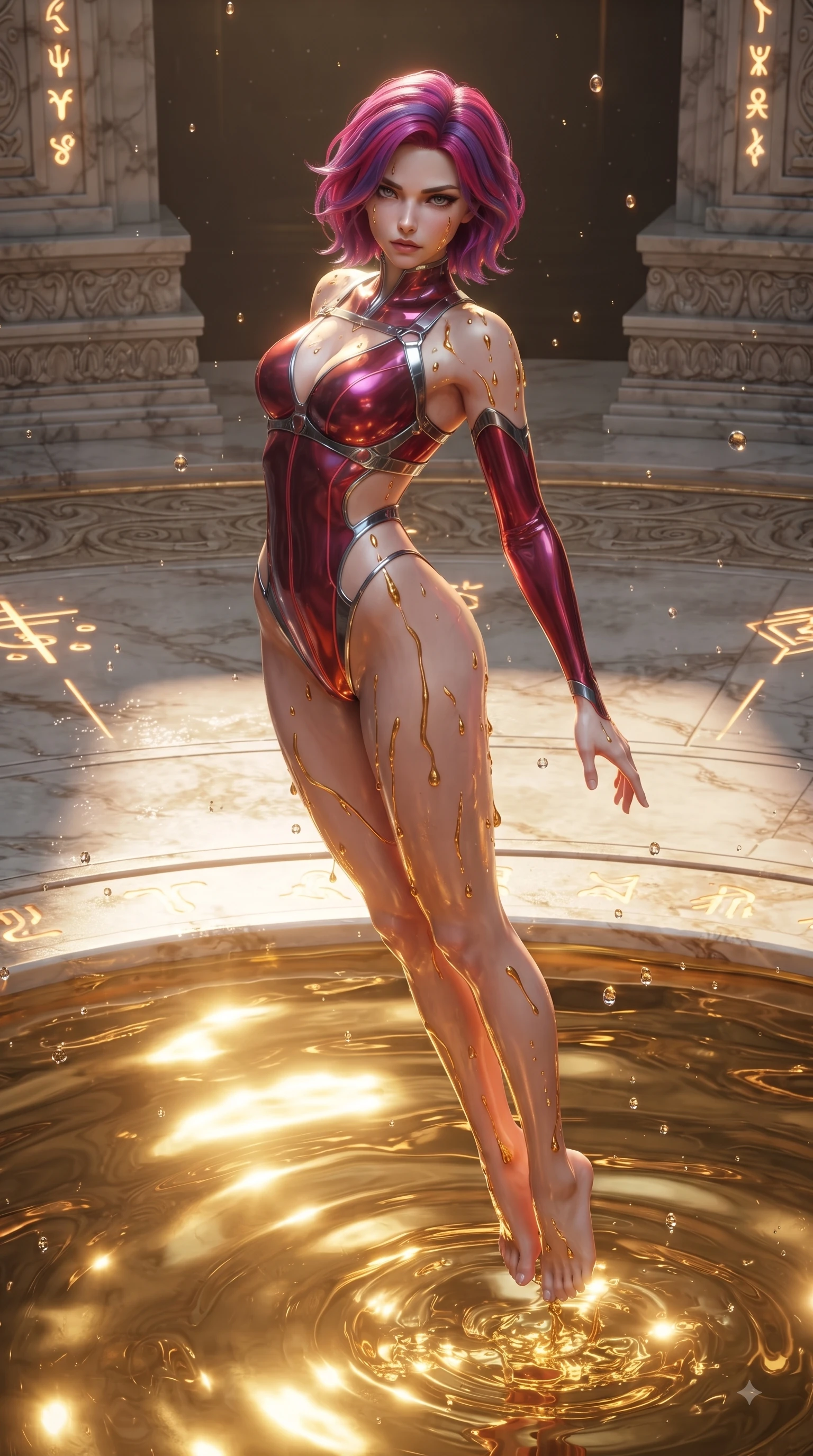score_9, masterpiece, best quality, ultra-detailed, high-budget anime keyframe, editorial fashion photography, tasteful artistic composition, Caucasian woman. low angle full-body shot from head to toe showing her feet, filling the entire 9:16 vertical frame with her statuesque presence, stretching her vertical silhouette. performing an alluring mid-air vault with flawless poise, looking directly into the camera with smoldering intensity while rising slowly from a shimmering pool of liquid gold with molten golden droplets tracing her skin. The surrounding environment is rendered in vivid detail and crisp panoramic clarity. glistening water droplets, detailed marble dais carvings, and glowing energy glyphs in deep focus. She has an absolutely perfect, statuesque 8.5-heads proportion, an exceptionally tall and slender model-like female figure with impossibly long slender legs and an ultra-slim waist. sharp v-shaped jawline, high-bridge nose, intricate jewel-like eyes with depth, thick eyelashes, glossy lips with a natural sheen, flawlessly proportioned anatomical accuracy, natural body alignment, perfectly sculpted elegant limbs, clean dynamic posture without body distortion. wearing a skin-tight cybernetic bodysuit with glowing neon seams, deep hip cutouts, and an aerodynamic athletic fit in deep ruby red and polished chrome accents, made of smooth iridescent silk chiffon that shifts colors with movement, reinforced by a sleek metallic chrome harness and delicate glowing micro-straps, the liquid-tight fabric adhering flawlessly to her sculpted torso and slender silhouette. bathed in shimmering gold reflections from the liquid pool and sharp directional key lights. ultra-reflective glossy finish, specular highlights, metallic sheen, high-contrast stereoscopic depth, volumetric dynamic lighting, 2k, ultra detail, master piece, 9:16 ratio