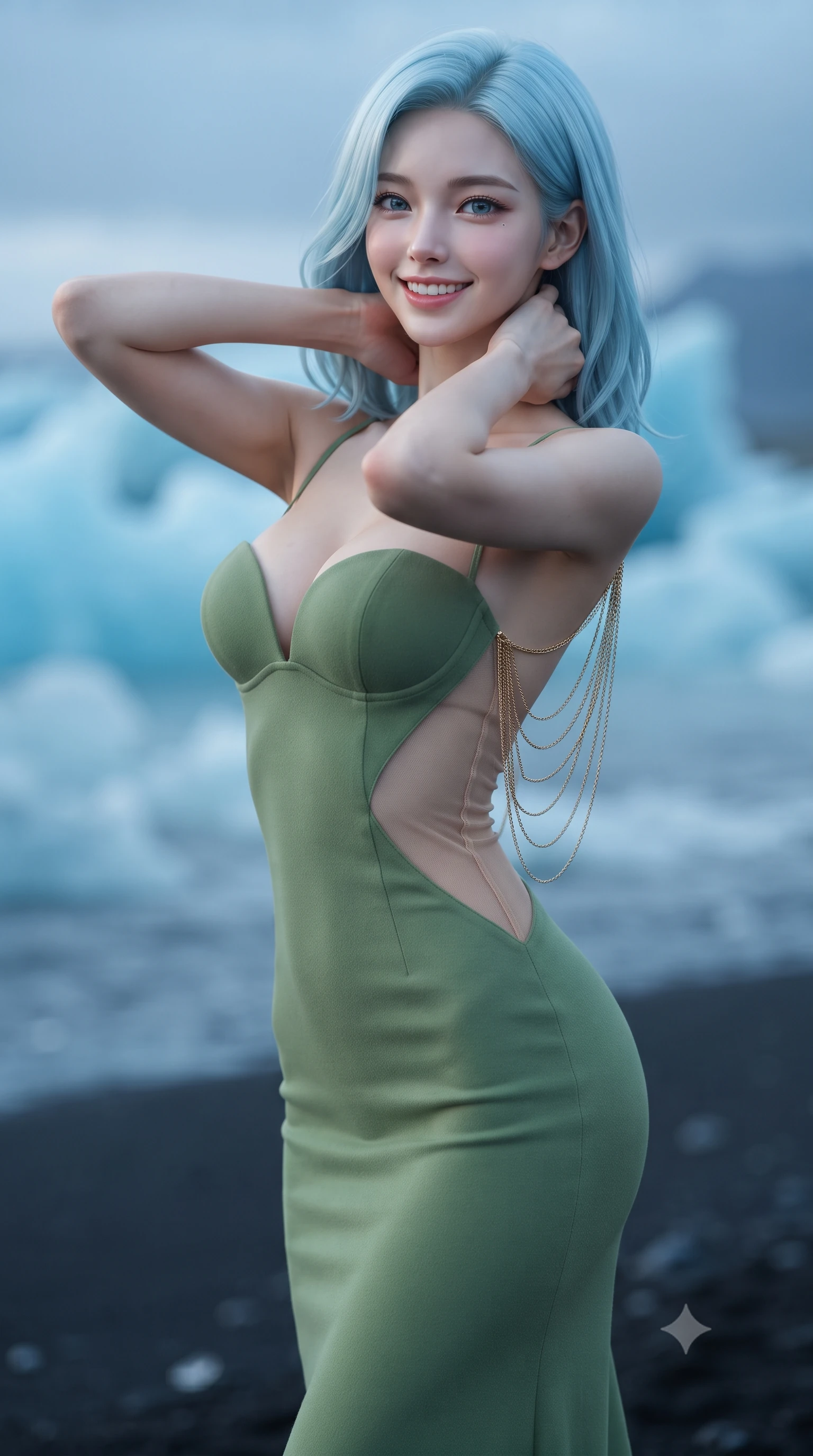 score_9, masterpiece, best quality, ultra-detailed, high-budget anime keyframe, editorial fashion photography, tasteful artistic composition, Korean woman. close-up cowboy shot from the waist and thighs up, the character dominates the composition, filling the frame with her large presence. resting both hands lightly behind her neck with elbows raised, arching her spine to highlight her narrow waist, flat midriff, and breathtaking collarbones while twisting her slender torso in an alluring contrapposto stance on the obsidian shore, blue glacial light and twilight skies tracing her narrow waist and hips. The background shows a soft-focus fine glacial ocean spray softened in surreal Nordic iceberg sanctuary shallow focus. She has an exceptionally elegant, slender, and willowy female figure with an ultra-slim waist, flat toned midriff, narrow ribcage, and sculpted feminine hips creating an alluring, slim hourglass silhouette without bulk. sharp v-shaped jawline, high-bridge nose, intricate jewel-like sparkling eyes with depth, thick eyelashes, glossy parted lips with a natural peach sheen, bright cheerful beaming smile with an enchanting and coquettish sensual glint, exuding both youthful cute charm and seductive allure, flawlessly proportioned anatomical accuracy, strict slender model proportions, natural body alignment, perfectly sculpted long slender limbs, ultra-slim waistline, clean dynamic posture without body distortion. wearing an alluring plunging sweetheart bustier dress with sheer mesh side-waist cutouts contouring her ribs in Japanese hinoki cedar honey and Kyoto matcha jade, crafted from bespoke double-faced cashmere with an exceptionally soft tactile finish, accented with an open-back drape framed by falling strands of delicate gold chains, the bespoke structured tailoring following the natural line of her 8.5-heads silhouette with refined elegance. illuminated by ice crystal specular refraction and sharp diamond-silver rim lights defining her dewy collarbones, ultra-slim waist, and curvy hips. ultra-reflective glossy finish, specular highlights, rich textural contrasts, high-contrast stereoscopic depth, volumetric dynamic lighting, 2k, ultra detail, master piece, 9:16 ratio