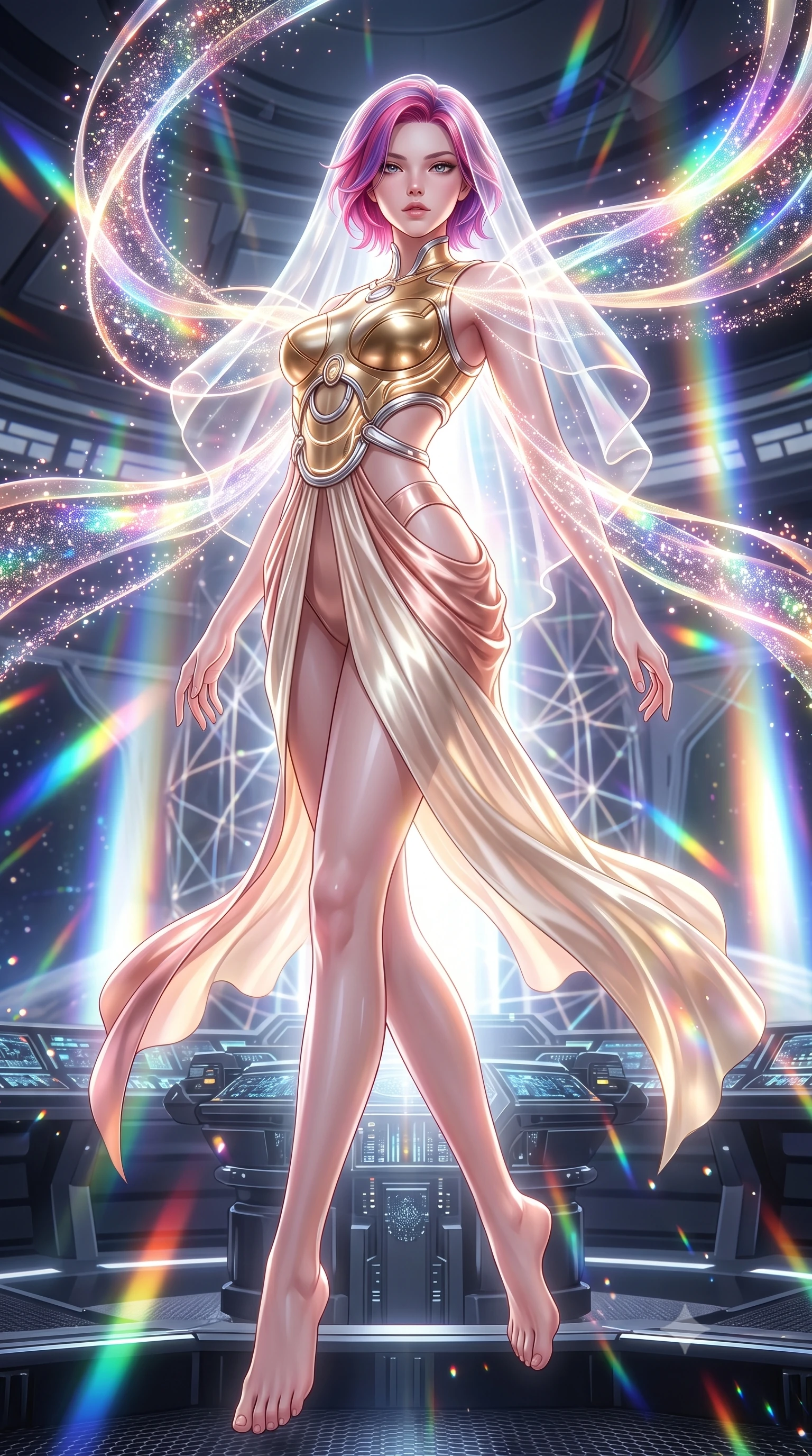 score_9, masterpiece, best quality, ultra-detailed, high-budget anime keyframe, editorial fashion photography, tasteful artistic composition, Caucasian woman. low angle full-body shot from head to toe showing her feet, filling the entire 9:16 vertical frame with her statuesque presence, stretching her vertical silhouette. arching her spine in a fluid zero-gravity turn with sovereign grace, her long slender legs and sculpted torso creating a sweeping line while pivoting dynamically in mid-air as cascades of shimmering antimatter particles wrap around her slender figure like a radiant halo. The surrounding environment is rendered in vivid detail and crisp panoramic clarity. intricate warp core containment field lattices, starship bridge consoles, and prism light shafts in high clarity. She has an absolutely perfect, statuesque 8.5-heads proportion, an exceptionally tall and slender model-like female figure with impossibly long slender legs, a toned flat midriff, and an ultra-slim waist. sharp v-shaped jawline, high-bridge nose, intricate jewel-like eyes with depth, thick eyelashes, glossy lips with a natural sheen, flawlessly proportioned anatomical accuracy, strict slender model proportions, natural body alignment, perfectly sculpted long slender limbs, ultra-slim waistline, clean dynamic posture without body distortion. wearing an ethereal translucent cyber-veil paired with a sculpted golden mechanical cuirass and high-fashion draped silk skirt in sculpted rose gold and luminescent champagne ivory, tailored from semi-translucent cybernetic vinyl with glowing micro-filaments, detailed with polished silver rings connecting the daring side-waist cutouts, the liquid-tight tailored fabric emphasizing every curve of her tall, slender model proportions and sculptured silhouette during dynamic movement. bathed in brilliant white-hot warp core radiance and saturated rainbow particle prism refractions. ultra-reflective glossy finish, specular highlights, dark metallic sheen, high-contrast stereoscopic depth, volumetric dynamic lighting, 2k, ultra detail, master piece, 9:16 ratio