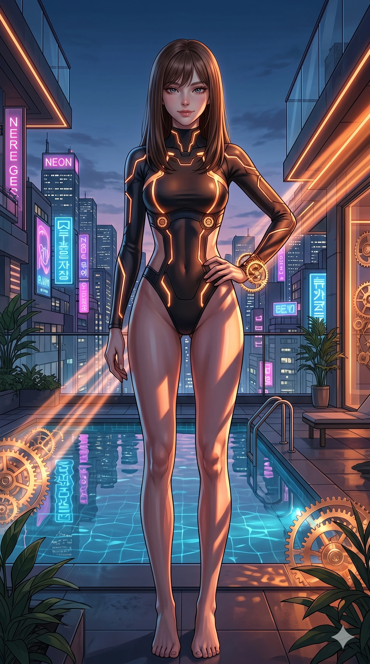 score_9, masterpiece, best quality, ultra-detailed, high-budget anime keyframe, editorial fashion photography, tasteful artistic composition, Korean woman. cowboy shot from the thighs up, character and outfit filling the frame for maximum editorial presence. resting her hand on her hip, looking at the viewer with a bedroom-eyes smile on a rooftop pool terrace overlooking a neon city (Code-P17-132). She has an absolutely perfect 8-heads proportion, an exceptionally tall and slender female figure with impossibly long slender legs and an ultra-slim waist. V-shaped jawline, high-bridge nose, intricate jewel-like eyes with depth, thick eyelashes, glossy lips with a natural sheen. wearing a neoprene cyber-suit with high-cut legs and exposed waist. amber and copper light rays refracting through the gears, creating deep dramatic shadows. 2k, ultra detail, master piece, 9:16 ratio