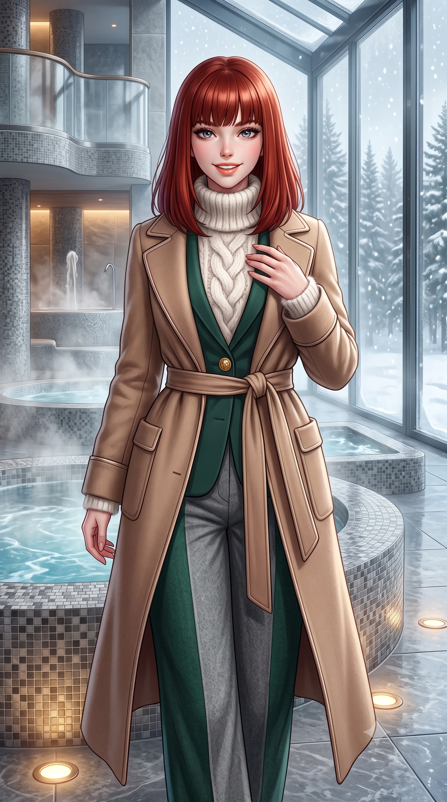 score_9, masterpiece, best quality, ultra-detailed, high-budget anime keyframe, semi-realistic 3D game render, editorial fashion photography, tasteful artistic composition, Caucasian woman. close-up cowboy shot from the waist and thighs up, the character dominates the composition, filling the frame with her large presence. resting one hand gracefully on her tailored blazer lapel while looking into the camera with bright, sparkling eyes while walking past steaming indoor hydrotherapy fountains toward the glass wall looking out at falling snow, turning with radiant poise. The surrounding environment is rendered in vivid detail and crisp panoramic clarity: detailed belted cashmere robe coat tailoring, silk piping borders, and master Swiss spa architecture in razor-sharp precision. She has an exceptionally elegant, slender, and willowy female figure with an ultra-slim waist, flat toned midriff, narrow ribcage, and sculpted feminine hips creating an alluring, slim hourglass silhouette without bulk. sharp v-shaped jawline, high-bridge nose, intricate jewel-like sparkling eyes with depth, thick eyelashes, glossy parted lips with a natural peach sheen, bright cheerful beaming smile with an enchanting and coquettish sensual glint, exuding both youthful cute charm and seductive allure, flawlessly proportioned anatomical accuracy, strict slender model proportions, natural body alignment, perfectly sculpted long slender limbs, ultra-slim waistline, clean dynamic posture without body distortion. wearing an oversized chunky cable-knit cashmere roll-neck sweater paired with brushed wool flannel wide-leg trousers in St. Moritz pine forest emerald and heather grey, woven from plush alpaca yarn with a cloud-like fuzzy texture and soft halo, accented with an ornate 24k gold lion-embossed crest button along the front closure, the streamlined silhouette following her natural slender proportions with sophisticated poise, enhancing her tall willowy presence. bathed in calm diffused winter daylight filtering through steamy glass panes combined with warm 2800K recessed floor lights. highly saturated vibrant anime colors, detailed shading with soft gradients, rich glossy textures, high-contrast stereoscopic depth, volumetric dynamic lighting, master piece, 9:16 ratio