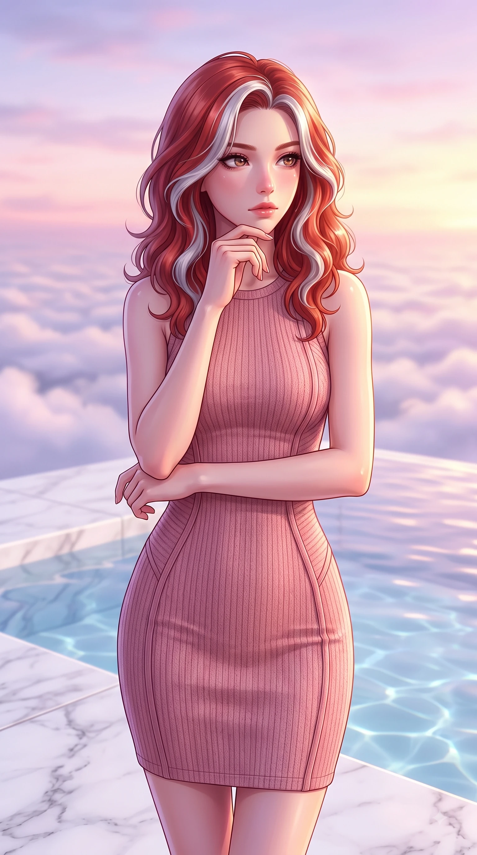 score_9, masterpiece, best quality, ultra-detailed, high-budget anime keyframe, editorial fashion photography, tasteful artistic composition, Caucasian woman woman. close-up cowboy shot from the waist and thighs up, the character dominates the composition, filling the frame with her large presence, background elements kept in soft focus. She has an exceptionally elegant, slender, and willowy female figure with an ultra-slim waist, a gracefully sculpted slender torso, and a refined silhouette. resting her chin on the back of her fingers in a thoughtful and effortless pose, flawlessly proportioned anatomical accuracy, natural body alignment, perfectly sculpted elegant limbs, clean dynamic posture without body distortion. set against a soft-focus background of a white marble terrace pool above a sea of clouds. wearing a sculpted dusty rose ribbed knit bodycon dress with form-contouring side seams. bathed in soft pastel dawn light reflecting off clear water onto her refined features. highly saturated vibrant anime colors, detailed shading with soft gradients, rich glossy textures, high-contrast stereoscopic depth, volumetric dynamic lighting, master piece, 9:16 ratio