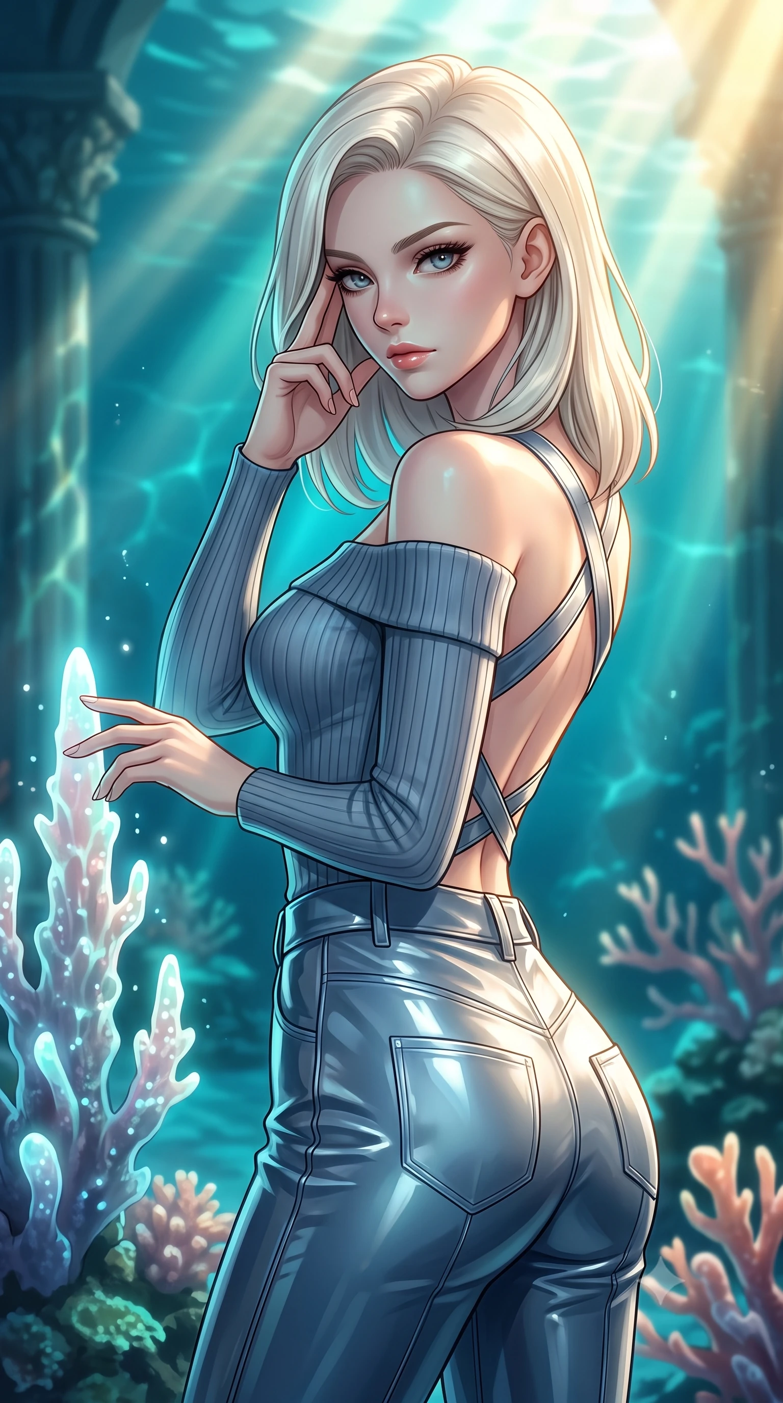 score_9, masterpiece, best quality, ultra-detailed, high-budget anime keyframe, editorial fashion photography, tasteful artistic composition, Caucasian woman. close-up cowboy shot from the waist and thighs up, the character dominates the composition, filling the frame with her large presence, background elements kept in soft focus. Pressing two fingers to her temple in a composed thoughtful gesture with an air of magnetic charisma touching a bioluminescent coral spire in a sun-drenched underwater cathedral, golden sunbeams penetrating deep turquoise water creating caustic light patterns. She has an exceptionally elegant, slender, and willowy female figure with an ultra-slim waist, a gracefully sculpted slender torso, and a refined silhouette. sharp v-shaped jawline, high-bridge nose, intricate jewel-like eyes with depth, thick eyelashes, glossy lips with a natural sheen. wearing a sleek off-shoulder ribbed knit top paired with high-waist tailored pants in slate blue and metallic silver, tailored from high-gloss patent leather, complemented by criss-cross back straps highlighting her bare shoulders, the sleek second-skin texture accentuating her magnetic presence. bathed in brilliant underwater sunbeams and soft turquoise caustic glow. highly saturated vibrant anime colors, detailed shading with soft gradients, rich glossy textures, high-contrast stereoscopic depth, volumetric dynamic lighting, master piece, 9:16 ratio