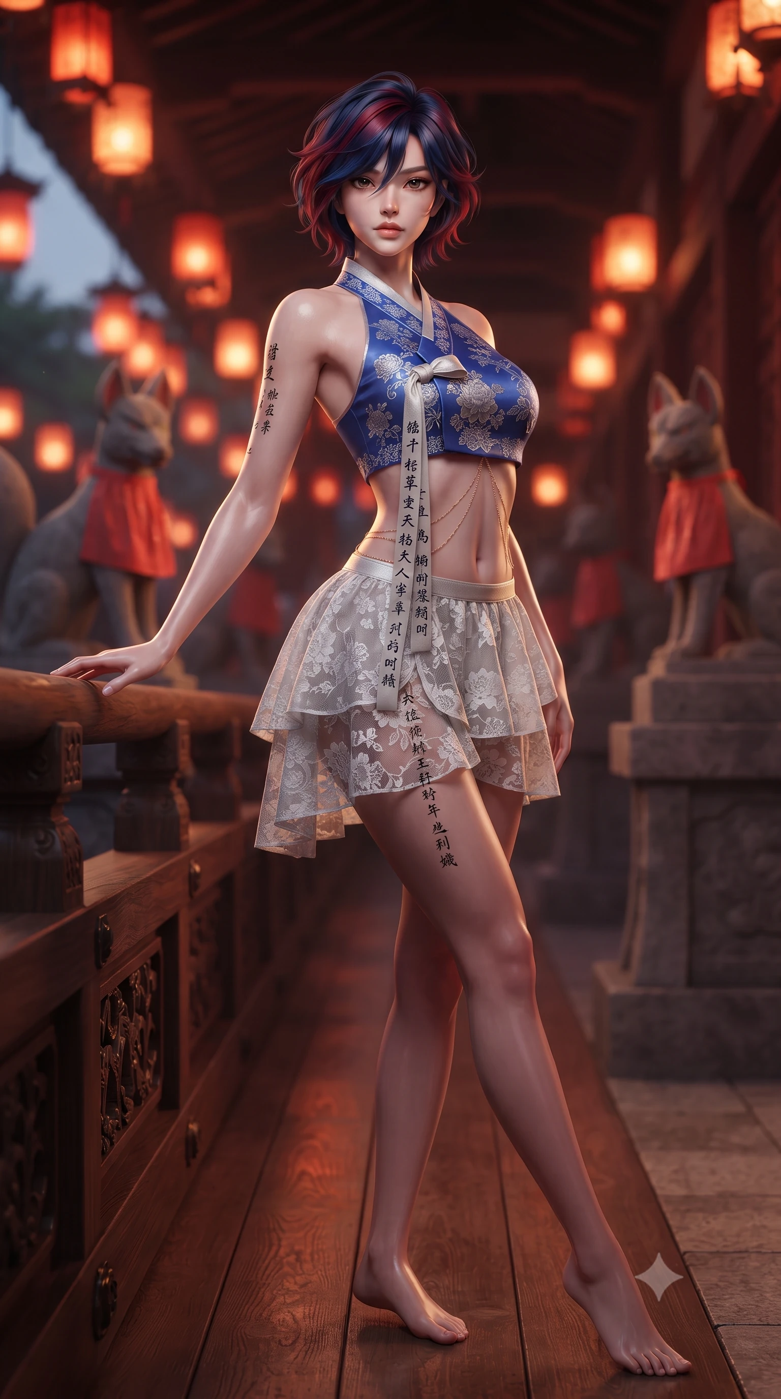 score_9, masterpiece, best quality, ultra-detailed, high-budget anime keyframe, editorial fashion photography, tasteful artistic composition, Korean woman. low angle full-body shot from head to toe showing her feet, filling the entire 9:16 vertical frame with her statuesque presence, stretching her vertical silhouette. standing in a tall, confident posture with one hand on the carved palace railing, stretching her statuesque body as she arches her lower back to emphasize her sculpted feminine hips and slender waist while twisting her slender torso in an alluring S-curve, vertical black calligraphy inscriptions and red lantern glow tracing her tight fusion outfit. The background shows a soft-focus stone fox guardian statues draped in red votive cloths softened in mystical Shinto shallow focus. She has an absolutely perfect, statuesque 8.5-heads proportion, an exceptionally tall and slender model-like female figure with impossibly long slender legs, an ultra-slim waist, a flat toned midriff, narrow delicate ribcage, and beautifully sculpted feminine hips creating a graceful, slim hourglass silhouette without any bulky heaviness. sharp v-shaped jawline, high-bridge nose, intricate jewel-like dark sparkling almond eyes with depth, thick lashes, glossy parted lips with a natural rose-plum sheen, bright alluring and coquettish smile with bedroom-eyes, exuding both timeless oriental elegance and sovereign high-fashion allure, flawlessly proportioned anatomical accuracy, strict slender model proportions, natural body alignment, perfectly sculpted long slender limbs, ultra-slim waistline, clean dynamic posture without body distortion. wearing a modern halter-neck fusion hanbok bodice with delicate silver embroidery and a fluttering layered chiffon wrap mini skirt in royal cobalt blue and starlight platinum, woven from delicate semi-opaque floral lace with oriental peony patterns, accented with a delicate gold body chain draping loosely across her flat midriff, the glove-like silhouette tightly following the natural contour of her hips and long slender legs with youthful 8.5-heads elegance. bathed in radiant vermilion and warm lantern illumination echoing endlessly down the wooden tunnel. ultra-reflective glossy finish, specular highlights, rich textural contrasts, high-contrast stereoscopic depth, volumetric dynamic lighting, 2k, ultra detail, master piece, 9:16 ratio