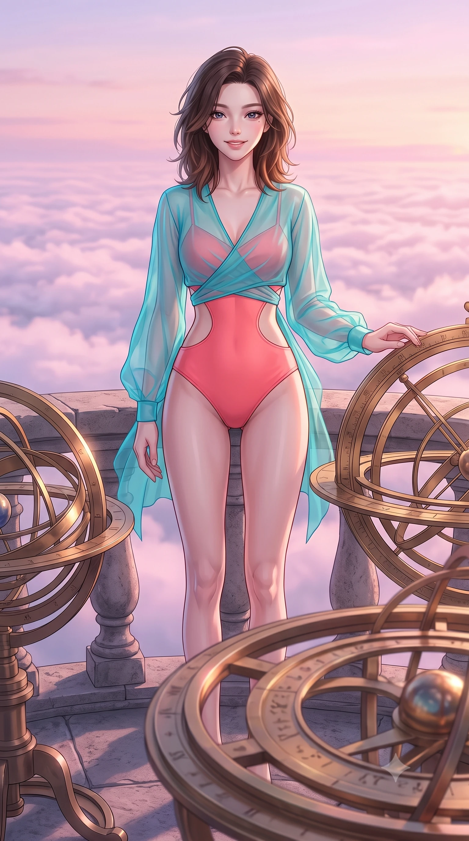 score_9, masterpiece, best quality, ultra-detailed, high-budget anime keyframe, editorial fashion photography, tasteful artistic composition, Korean woman. close-up cowboy shot from the waist and thighs up, the character dominates the composition, filling the frame with her large presence, background elements kept in soft focus. Gazing ahead with a happy, optimistic expression and a gentle smile. set against a soft-focus background of standing on the balcony of an ancient stone observatory with rotating brass astrolabes, looking out over a sea of pink-tinted clouds. She has an exceptionally elegant, slender, and willowy female figure with a highly-defined ultra-slim waist, a gracefully sculpted slender torso, and a refined slim-fit silhouette that contours her form. sharp v-shaped jawline, high-bridge nose, intricate jewel-like eyes with depth, thick eyelashes, glossy lips with a natural sheen. wearing a vibrant coral pink bodysuit with a dramatic open-waist cutout, layered with a sheer turquoise organza wrap shrug. warm dawn light reflecting off the brass instruments, painting the sky in pastel hues of pink and gold. 2k, ultra detail, master piece, 9:16 ratio