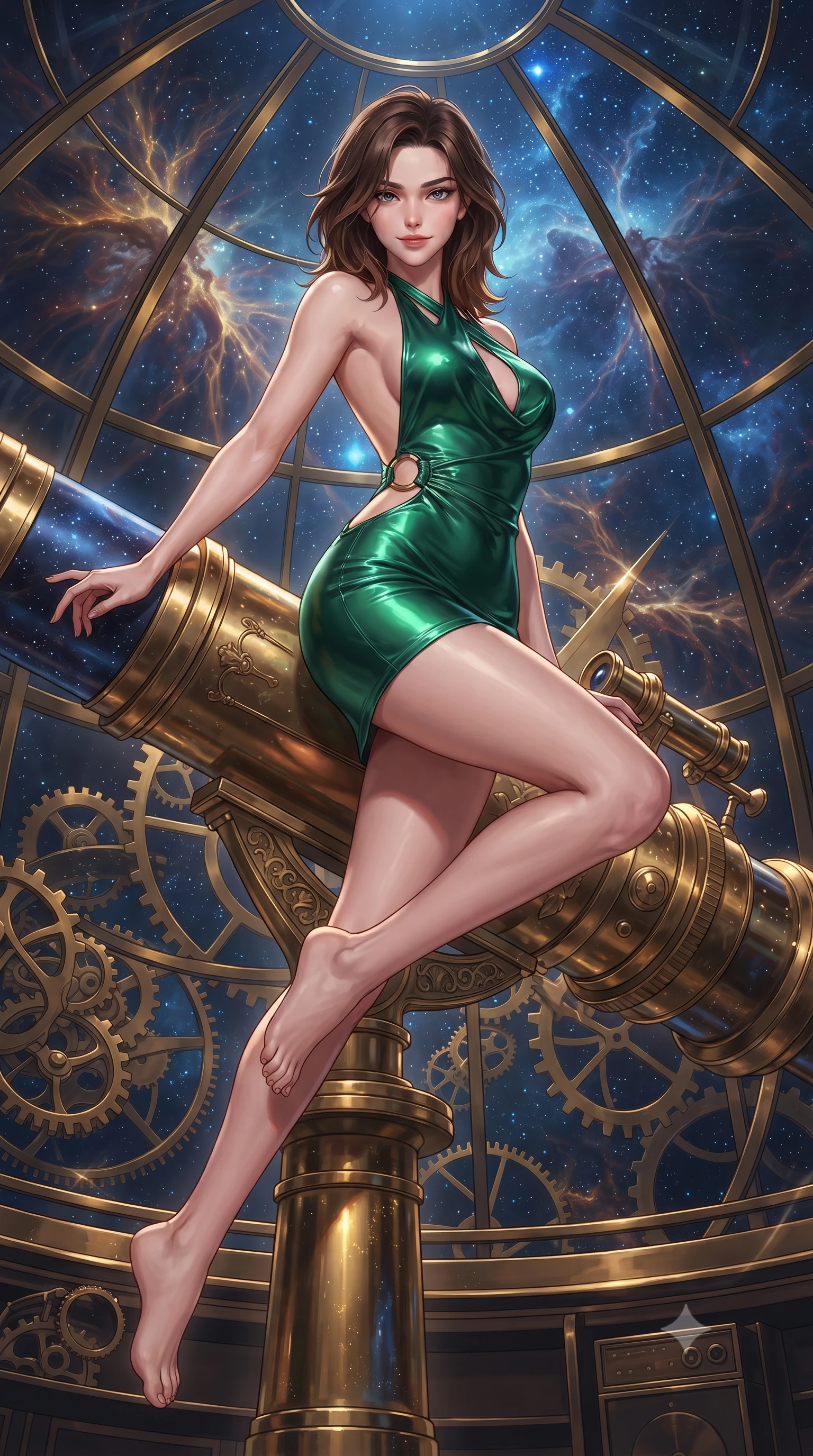 score_9, masterpiece, best quality, ultra-detailed, high-budget anime keyframe, editorial fashion photography, tasteful artistic composition, Korean woman. low angle full-body shot from head to toe showing her feet, filling the entire 9:16 vertical frame with her statuesque presence, stretching her vertical silhouette. performing an alluring mid-air vault with flawless poise, looking directly into the camera with smoldering intensity while leaning against a massive brass celestial telescope with an intelligent, seductive smile looking into the lens. The surrounding environment is rendered in vivid detail and crisp panoramic clarity. sharp glass dome framing, detailed telescope gears, and cosmic nebula filaments in high clarity. She has an absolutely perfect, statuesque 8.5-heads proportion, an exceptionally tall and slender model-like female figure with impossibly long slender legs, a toned flat midriff, and an ultra-slim waist. sharp v-shaped jawline, high-bridge nose, intricate jewel-like eyes with depth, thick eyelashes, glossy lips with a natural sheen, flawlessly proportioned anatomical accuracy, strict slender model proportions, natural body alignment, perfectly sculpted long slender limbs, ultra-slim waistline, clean dynamic posture without body distortion. wearing a form-contouring liquid satin halter-neck mini dress with a deep crossover cowl front, open back, and ultra-slender waist drape in bright emerald green satin and gold hardware, crafted from ultra-reflective second-skin latex with a high-gloss glass-like polish, detailed with polished silver rings connecting the daring side-waist cutouts, the form-contouring material adhering flawlessly to her sculpted flat midriff and slender torso, emphasizing her long leg lines and perfectly proportioned willowy build. bathed in warm golden brass reflections and radiant sapphire starlight ambient fill. ultra-reflective glossy finish, specular highlights, metallic sheen, high-contrast stereoscopic depth, volumetric dynamic lighting, 2k, ultra detail, master piece, 9:16 ratio