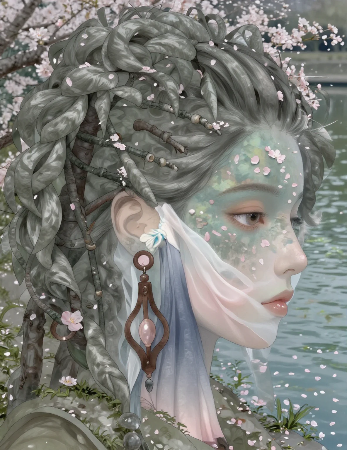 A young female idol standing by a tranquil lakeside in spring, surrounded by cherry blossom petals. She wears an elegant ombre gown with a translucent chiffon shawl and a sakura hairpin.