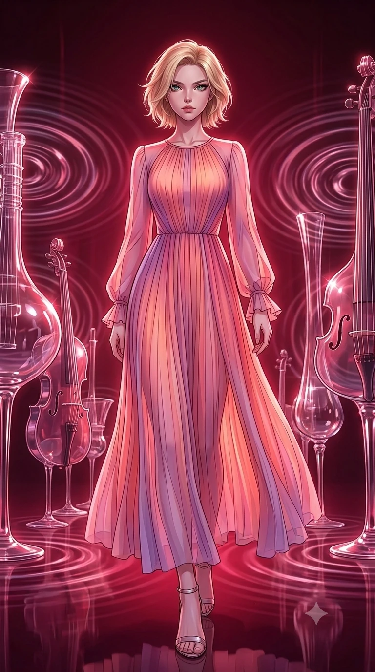 score_9, masterpiece, best quality, ultra-detailed, high-budget anime keyframe, editorial fashion photography, tasteful artistic composition, Caucasian woman, strictly human ears. low angle full-body shot from head to toe showing her feet, filling the entire 9:16 vertical frame with her statuesque presence, stretching her vertical silhouette. stepping elegantly through a gallery of enormous crystal glass instruments that play themselves by resonating with invisible energy sending visible concentric sound ripples expanding through the air like rings on water. She has a statuesque 8.5-heads proportion, an exceptionally tall, slender and willowy model-like build with impossibly long legs and a highly sculpted ultra-slim waist. sharp v-shaped jawline, high-bridge nose, intricate jewel-like eyes with depth, thick eyelashes, glossy lips with a natural sheen. wearing a flowing pleated chiffon dress in a sunset gradient of pink, apricot, and soft violet, with long sheer sleeves and ruffled cuffs. deep crimson theatrical lighting with sharp specular highlights on every curve. 2k, ultra detail, master piece, 9:16 ratio