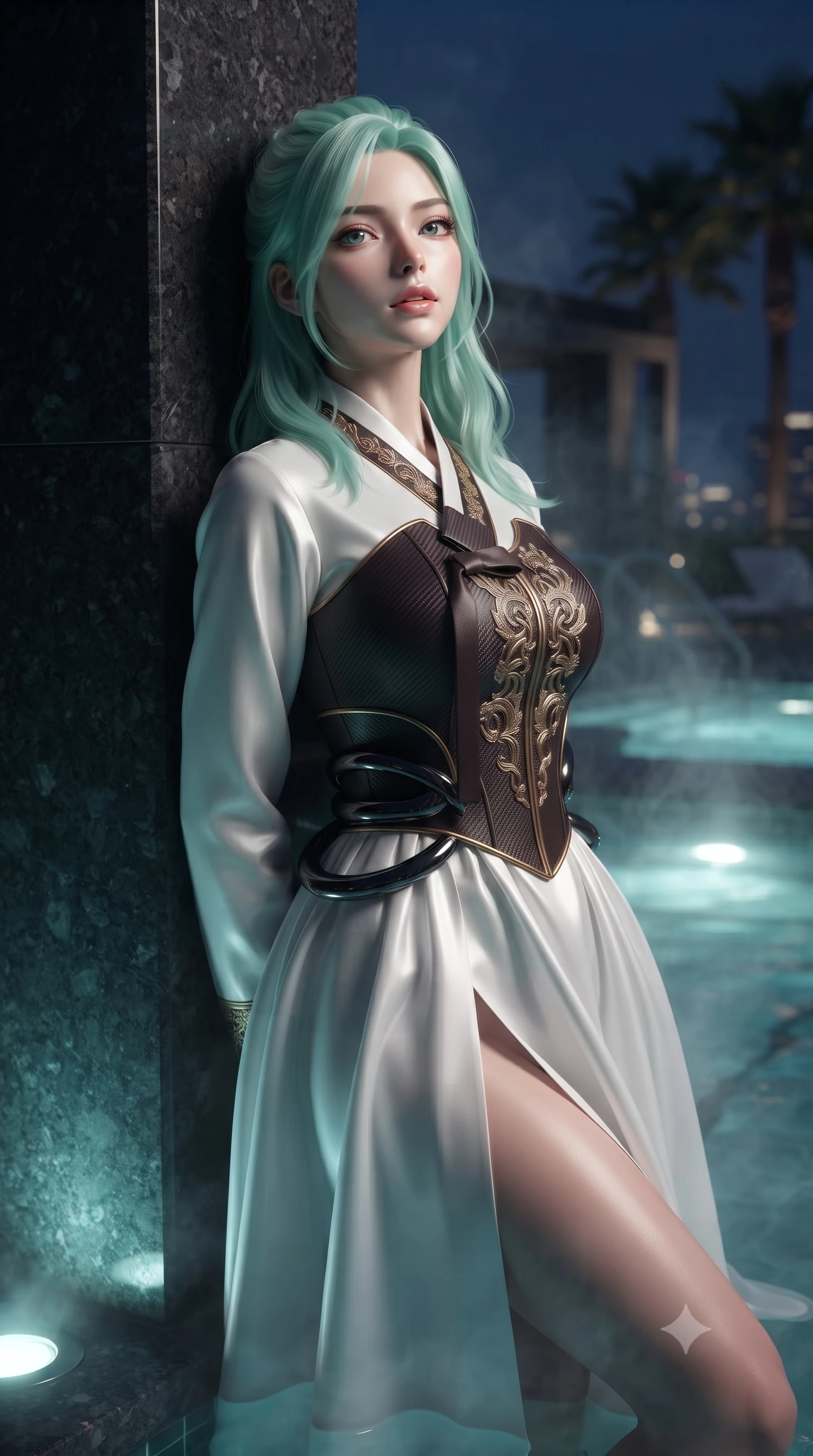 score_9, masterpiece, best quality, ultra-detailed, high-budget anime keyframe, editorial fashion photography, tasteful artistic composition, Japanese woman. close-up cowboy shot from the waist and thighs up, the character dominates the composition, filling the frame with her large presence, background elements kept in soft focus. Tilting her chin up slightly with lips parted in a composed, magnetic expression, leaning against a polished basalt pool pillar as warm underwater lights glow, gentle steam rising from the heated water into the cool midnight air. She has an exceptionally elegant, slender, and willowy female figure with an ultra-slim waist, a gracefully sculpted slender torso, and a refined silhouette. sharp v-shaped jawline, high-bridge nose, intricate jewel-like eyes with depth, thick eyelashes, glossy lips with a natural sheen. wearing modern fusion white hanbok dress with structured gold-embroidered bodice in dark mahogany, made of matte carbon-fiber weave, accented with sculpted obsidian chrome rings at the waist, contouring every curve with an exceptionally elegant silhouette. surrounded by a moody nocturnal ambiance with glowing aqua water highlights. ultra-reflective glossy finish, specular highlights, metallic sheen, high-contrast stereoscopic depth, volumetric dynamic lighting, 2k, ultra detail, master piece, 9:16 ratio