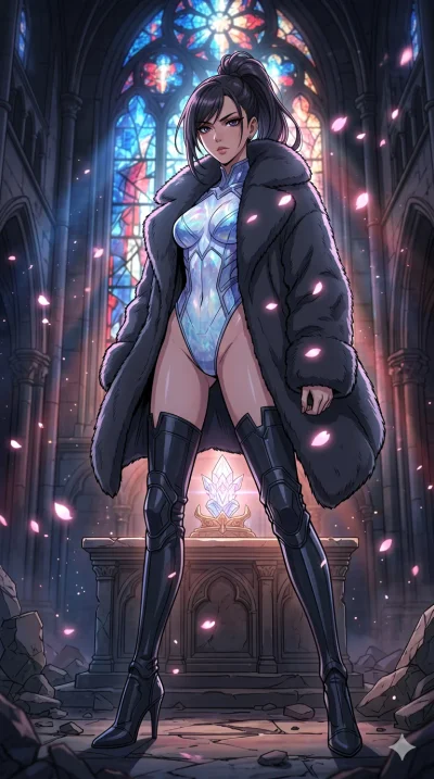 score_9, masterpiece, best quality, ultra-detailed, high-budget anime movie keyframe, cinematic anime lighting, intricate line art, Japanese woman. Low angle cowboy shot filling the entire 9:16 frame with her statuesque presence. defending a sacred r
