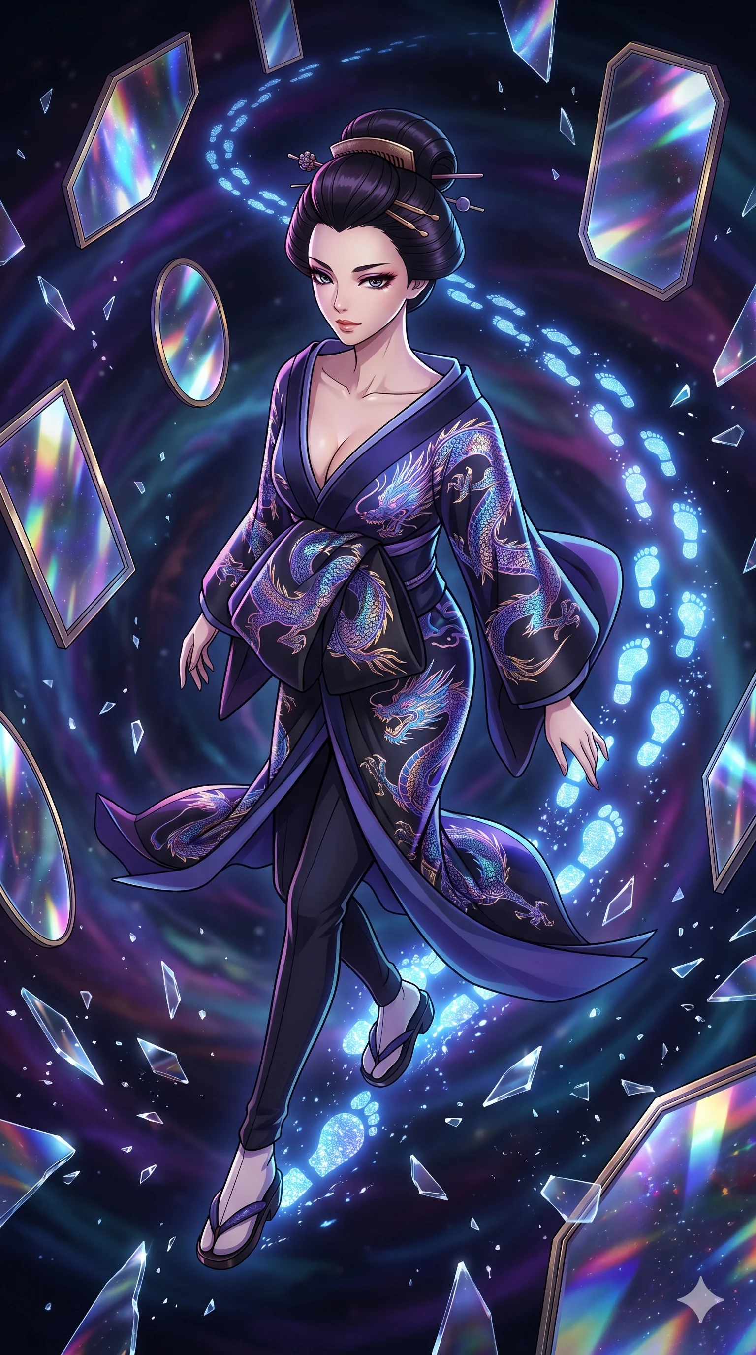 score_9, masterpiece, best quality, ultra-detailed, Set A: High-budget Anime Keyframe, Japanese woman. Upper body close-up from the thighs up, character filling the screen for maximum presence. Sliding through a dimension of floating mirrors, as she leaves a trail of 188 glowing footprints and surrounded by shattered glass fragments. She has an absolutely perfect 8-heads proportion, an exceptionally tall and slender female figure with impossibly long slender legs and an ultra-slim waist. Sharp v-shaped jawline, high-bridge nose, intricate jewel-like eyes with depth, thick eyelashes, glossy lips with a natural sheen. Wearing Traditional fusion robe with a deep V-cut and holographic dragon embroidery. Cinematic lighting, vibrant colors, dramatic shadows, 2k, ultra detail, master piece, 9:16 ratio