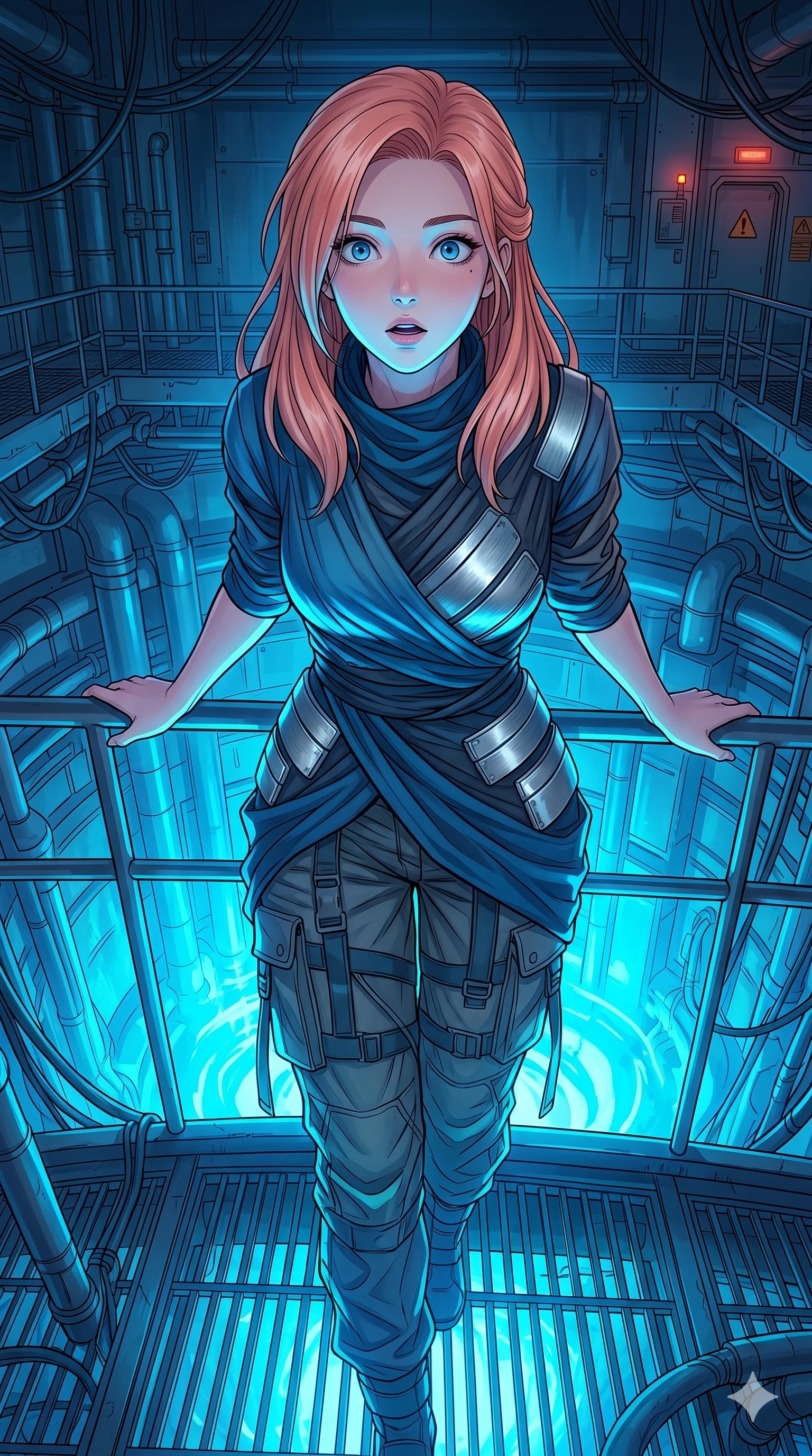 score_9, masterpiece, best quality, ultra-detailed, high-budget anime keyframe, Japanese woman. Upper body close-up from the thighs up, character filling the screen for maximum presence. Standing on a metal balcony overlooking a massive reactor core, leaning forward, her face lit by the core's energy with an awe-struck expression. She is wearing a high-fashion draped wrap top with metallic silver panels and cargo pants. The scene is bathed in the intense, pulsing neon blue light of the reactor core. 2k, ultra detail, master piece, 9:16 ratio