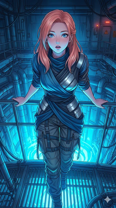 score_9, masterpiece, best quality, ultra-detailed, high-budget anime keyframe, Japanese woman. Upper body close-up from the thighs up, character filling the screen for maximum presence. Standing on a metal balcony overlooking a massive reactor core,