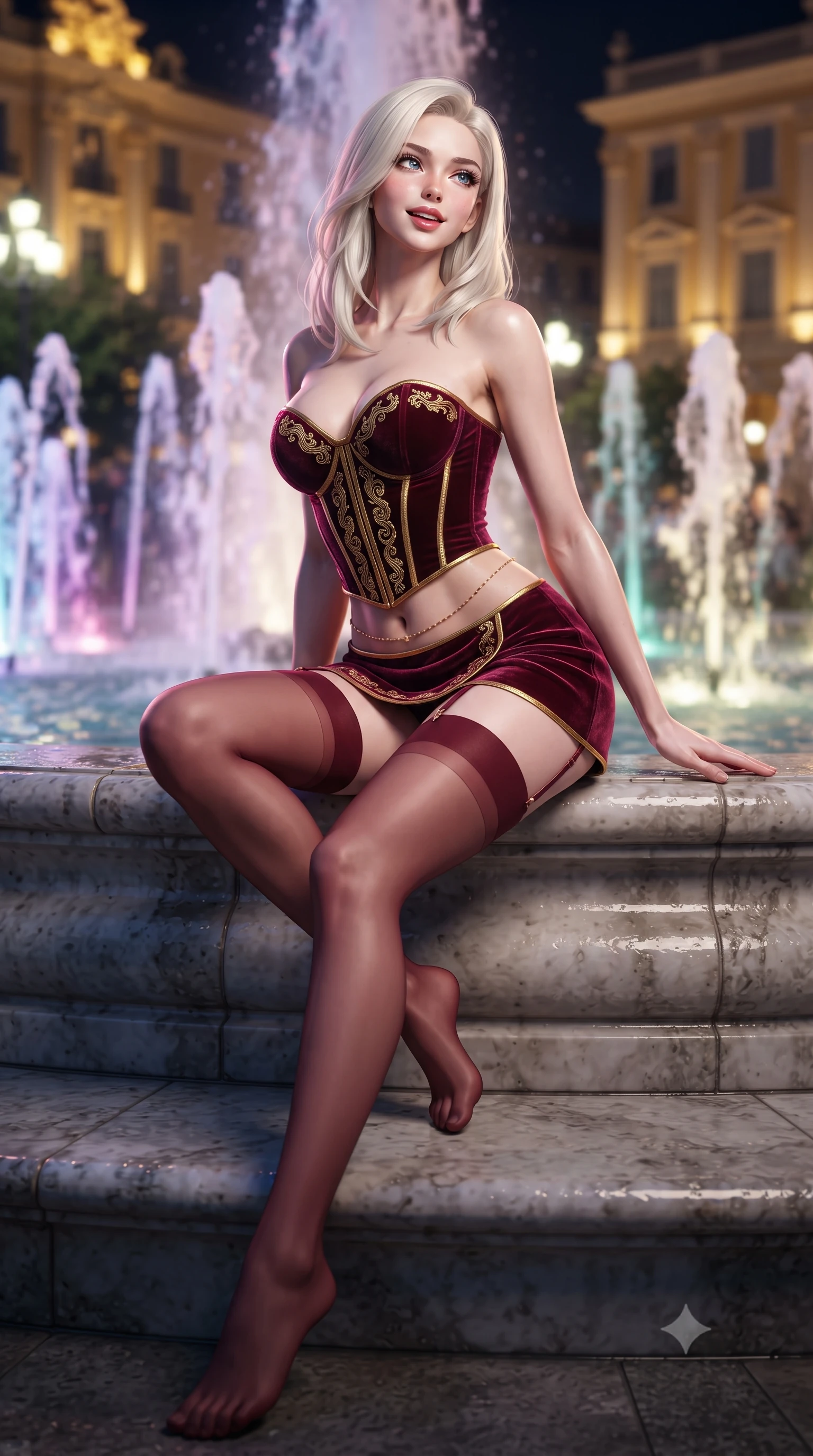 score_9, masterpiece, best quality, ultra-detailed, high-budget anime keyframe, editorial fashion photography, tasteful artistic composition, Caucasian woman. low angle full-body shot from head to toe showing her feet, filling the entire 9:16 vertical frame with her statuesque presence, stretching her vertical silhouette. sitting poised on the stone steps with one knee bent, arching her spine with supermodel elegance as she glances upward through thick eyelashes while twisting her slender torso in an alluring contrapposto stance, vibrant fountain lights and golden palace facades reflecting off her silhouette. The background shows a soft-focus dancing fountain water jets softened in prestigious Riviera nocturnal shallow focus. She has an absolutely perfect, statuesque 8.5-heads proportion, an exceptionally tall and slender model-like female figure with impossibly long slender legs, an ultra-slim waist, a flat toned midriff, narrow delicate ribcage, and beautifully sculpted feminine hips creating a graceful, slim hourglass silhouette without any bulky heaviness. sharp v-shaped jawline, high-bridge nose, sparkling eyes with hypnotic seductive depth, thick curled eyelashes, glossy parted lips with a natural dewy peach sheen, alluring bedroom-eyes with an enchanting coquettish smile, exuding magnetic siren charisma and sophisticated glamour, flawlessly proportioned anatomical accuracy, strict slender model proportions, natural body alignment, perfectly sculpted long slender limbs, ultra-slim waistline, clean dynamic posture without body distortion. wearing a structured boned leatherette corset bodice paired with an ultra-short micro-wrap mini skirt and sheer thigh-high stockings in Belle Époque bordeaux and gilded 24k gold, tailored from ultra-plush velvet with rich tactile depth and deep shadow gradients, accented with a dainty gold belly chain resting across her flat midriff and curving hips, the second-skin tailored fabric adhering flawlessly to her sculpted flat midriff and slender torso, emphasizing her long leg lines and perfectly proportioned willowy build. bathed in the warm ambient golden illumination radiating from the grand palaces of Casino Square below mixed with starlight. ultra-reflective glossy finish, specular highlights, rich textural contrasts, high-contrast stereoscopic depth, volumetric dynamic lighting, 2k, ultra detail, master piece, 9:16 ratio