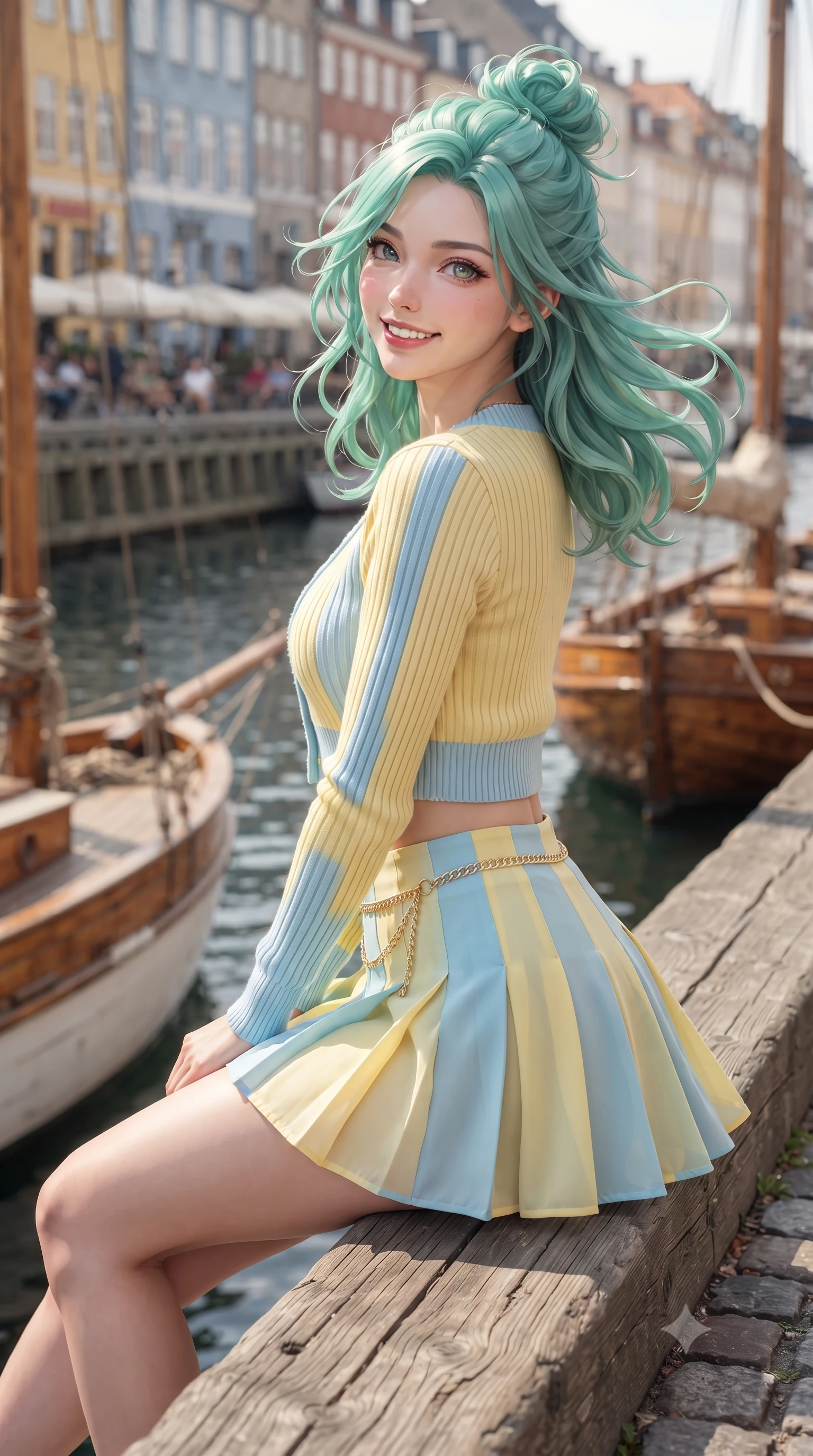 score_9, masterpiece, best quality, ultra-detailed, high-budget anime keyframe, editorial fashion photography, tasteful artistic composition, Japanese woman. close-up cowboy shot from the waist and thighs up, the character dominates the composition, filling the frame with her large presence. turning playfully with a bright confident smile, her glossy hair tossing in the breeze as her hips angle gracefully in a captivating contrapposto while sitting perched on the rustic wooden mooring quay beside vintage wooden sailboats, arching her back with a bright, joyful Nordic smile. The composition keeps background elements in soft focus with dreamy creamy bokeh. canal water reflections and bustling outdoor cafe terraces softened in cheerful Nordic shallow focus. She has an exceptionally elegant, slender, and willowy female figure with an ultra-slim waist, flat toned midriff, narrow ribcage, and sculpted feminine hips creating an alluring, slim hourglass silhouette without bulk. sharp v-shaped jawline, high-bridge nose, intricate jewel-like sparkling eyes with depth, thick eyelashes, glossy parted lips with a natural peach sheen, bright cheerful beaming smile with an enchanting and coquettish sensual glint, exuding both youthful cute charm and seductive allure, flawlessly proportioned anatomical accuracy, strict slender model proportions, natural body alignment, perfectly sculpted long slender limbs, ultra-slim waistline, clean dynamic posture without body distortion. wearing a cropped pastel ribbed knit cardigan paired with an ultra-short high-waisted pleated tennis skirt clinging tightly to her curvy hips in sunny daffodil yellow and clear sky blue, tailored from fine lightweight chiffon that flutters gently in the breeze, accented with a delicate gold chain belt resting loosely on her curvy hips, the form-fitting cut adhering flawlessly to her sculpted flat midriff and slender torso, emphasizing her long leg lines and perfectly proportioned willowy build. bathed in crisp, crystal-clear Nordic summer daylight reflecting off calm canal waters. ultra-reflective glossy finish, specular highlights, rich textural contrasts, high-contrast stereoscopic depth, volumetric dynamic lighting, 2k, ultra detail, master piece, 9:16 ratio