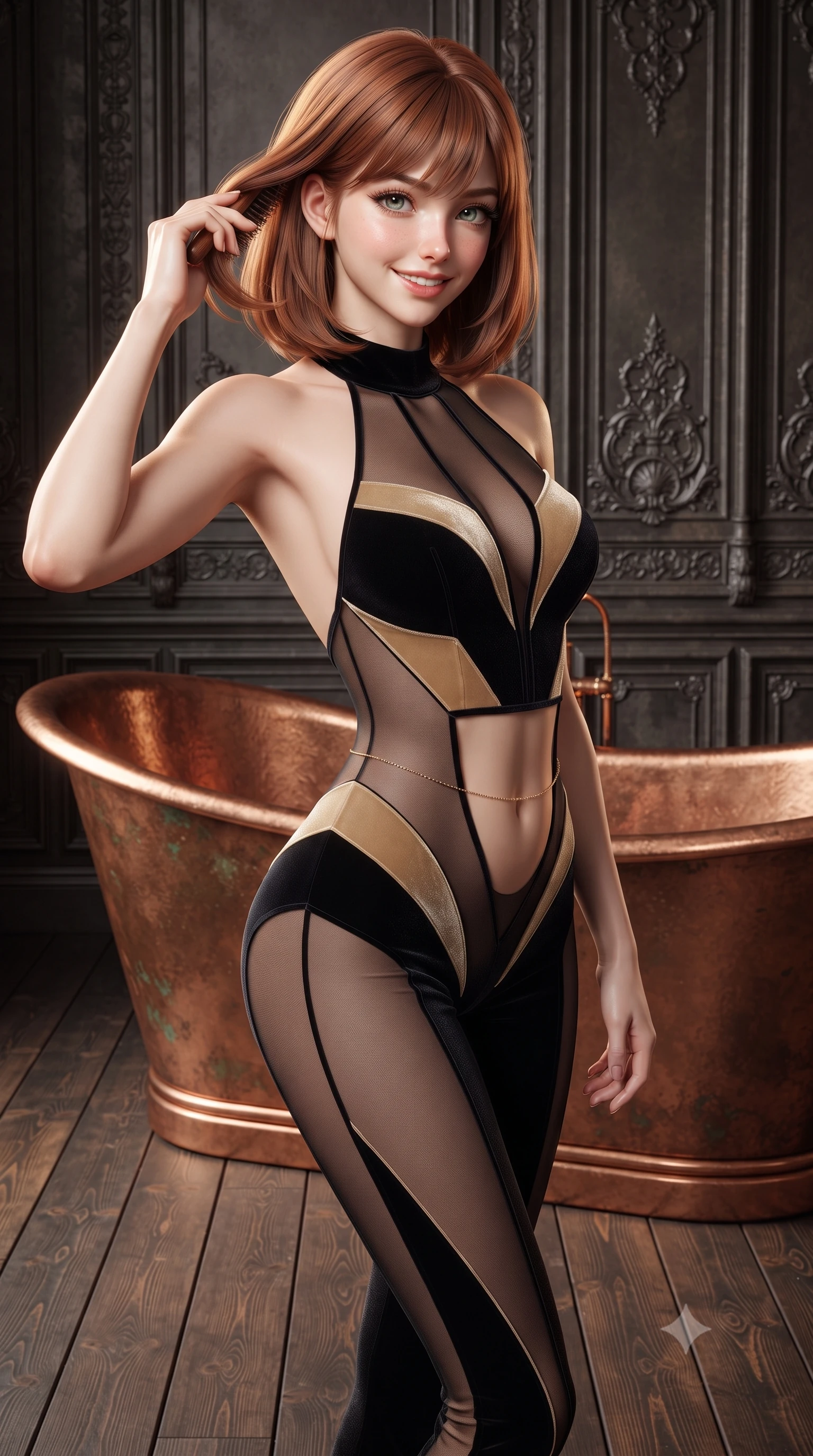score_9, masterpiece, best quality, ultra-detailed, high-budget anime keyframe, editorial fashion photography, tasteful artistic composition, Caucasian woman. close-up cowboy shot from the waist and thighs up, the character dominates the composition, filling the frame with her large presence. gently brushing a lock of hair behind her ear while casting a playful, flirtatious side-gaze with long eyelashes while standing poised on the wide-plank pine floor beside the hand-hammered freestanding copper soaking tub, arching her lower back with magnetic siren poise. The surrounding environment is rendered in vivid detail and crisp panoramic clarity: detailed backless sheer illusion halter catsuit geometric panels, velvet piping, and industrial cast-iron architectural relief in high resolution. She has an exceptionally elegant, slender, and willowy female figure with an ultra-slim waist, flat toned midriff, narrow ribcage, and sculpted feminine hips creating an alluring, slim hourglass silhouette without bulk. sharp v-shaped jawline, high-bridge nose, intricate jewel-like sparkling eyes with depth, thick eyelashes, glossy parted lips with a natural peach sheen, bright cheerful beaming smile with an enchanting and coquettish sensual glint, exuding both youthful cute charm and seductive allure, flawlessly proportioned anatomical accuracy, strict slender model proportions, natural body alignment, perfectly sculpted long slender limbs, ultra-slim waistline, clean dynamic posture without body distortion. wearing a provocative backless sheer illusion halter catsuit with strategic velvet geometric panels hugging her hourglass waist in midnight noir obsidian black and pure champagne gold, tailored from ultra-plush silk velvet with rich tactile depth and deep shadow gradients, accented with a dainty gold belly chain resting across her flat midriff and curving hips, the second-skin tailored fabric adhering flawlessly to her sculpted flat midriff and slender torso, emphasizing her long leg lines and perfectly proportioned willowy build. illuminated by polished copper reflection fill and warm copper-gold rim lights defining her razor-sharp jawline, narrow waist, and curvy hips. ultra-reflective glossy finish, specular highlights, rich textural contrasts, high-contrast stereoscopic depth, volumetric dynamic lighting, 2k, ultra detail, master piece, 9:16 ratio