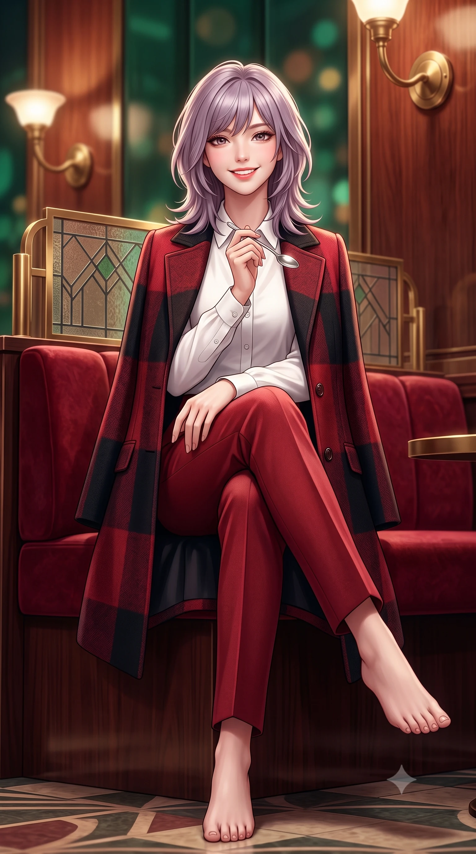 score_9, masterpiece, best quality, ultra-detailed, high-budget anime keyframe, semi-realistic 3D game render, editorial fashion photography, tasteful artistic composition, Japanese woman. low angle full-body shot from head to toe showing her feet, filling the entire 9:16 vertical frame with her statuesque presence, stretching her vertical silhouette. sitting gracefully on the carved stone bench with legs crossed at the ankles, hands resting gently in her lap with noble poise while perched gracefully on the edge of the velvet banquette, holding a silver dessert spoon with playful, charming elegance. The background shows a soft-focus curved brass Art Deco light sconces, geometric leaded glass screens, and polished rosewood walls blurred into emerald, brass, and rosewood bokeh. She has an exceptionally tall and slender model-like 8.5-heads proportion, an ultra-slim waist, a flat toned midriff, narrow delicate ribcage, and beautifully sculpted feminine hips creating a graceful, slim hourglass silhouette without any bulky heaviness, with impossibly long slender legs. sharp v-shaped jawline, high-bridge nose, intricate jewel-like sparkling eyes with depth, thick eyelashes, glossy parted lips with a natural peach sheen, bright cheerful beaming smile with an enchanting and coquettish sensual glint, exuding both youthful cute charm and seductive allure, flawlessly proportioned anatomical accuracy, strict slender model proportions, natural body alignment, perfectly sculpted long slender limbs, ultra-slim waistline, clean dynamic posture without body distortion. wearing an elegant tailored cape coat in brushed wool worn over a crisp white cotton shirt and tailored cigarette pants in Kyoto autumn maple crimson and deep ink black, tailored from heritage British Harris Tweed with rich multi-tonal yarn weave, featuring delicate tonal horn buttons and meticulous hand-stitched pick-lapel borders, the expertly draped wool fabric falling in crisp fluid lines along her tall 8.5-heads silhouette, celebrating her slender frame without excess fabric bulk. illuminated by rosewood wall and brass reflection bounce with crisp champagne rim lights defining her cheekbones and slender waist. highly saturated vibrant anime colors, detailed shading with soft gradients, rich glossy textures, high-contrast stereoscopic depth, volumetric dynamic lighting, master piece, 9:16 ratio
