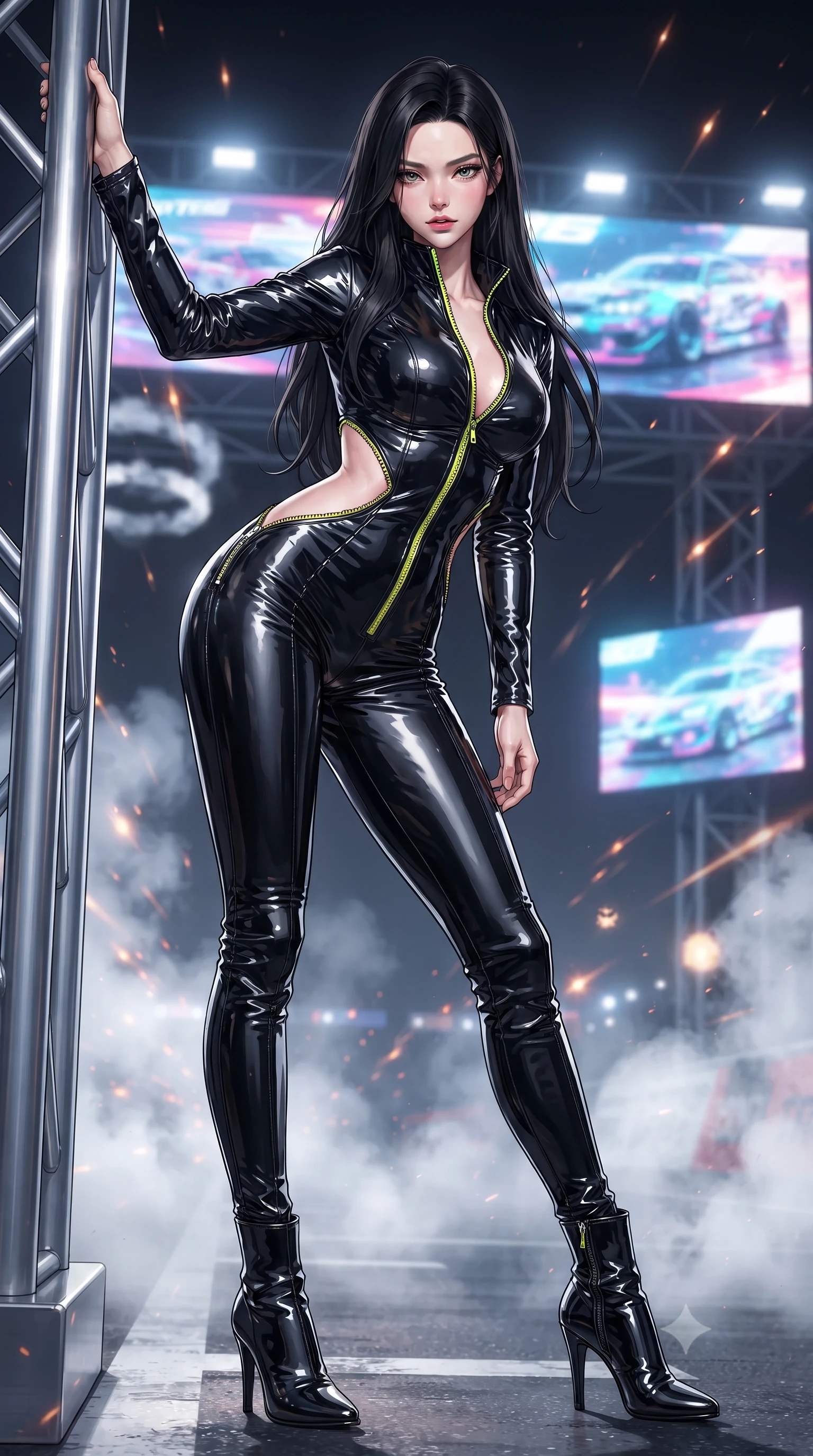 score_9, masterpiece, best quality, ultra-detailed, high-budget anime keyframe, editorial fashion photography, tasteful artistic composition, Korean woman. low angle full-body shot from head to toe showing her feet, filling the entire 9:16 vertical frame with her statuesque presence, stretching her vertical silhouette. leaning deep against the structural architecture with hips cocked in an unapologetically bold, seductive high-fashion stance while posing boldly at the center of the illuminated starting grid as giant holographic jumbotrons flash behind her. The composition keeps background elements in soft focus with creamy bokeh. swirling smoke rings and burning rubber particulate catching laser beam motes across the circuit. She has an absolutely perfect, statuesque 8.5-heads proportion, an exceptionally tall and slender model-like female figure with impossibly long slender legs, a toned flat midriff, and an ultra-slim waist. sharp v-shaped jawline, high-bridge nose, intricate jewel-like eyes with depth, thick eyelashes, glossy parted lips with a natural sheen, intensely captivating and seductive expression, flawlessly proportioned anatomical accuracy, strict slender model proportions, natural body alignment, perfectly sculpted long slender limbs, ultra-slim waistline, clean dynamic posture without body distortion. wearing a high-gloss patent leather racing catsuit with an open front zipper and high stand collar in high-gloss asphalt black and hazard neon yellow, tailored from supple second-skin lambskin leather adhering to her curves, accented with diagonal metal zippers running across the side-waist cutouts, the precision-cut daring openings accentuating her delicate midriff, graceful bare collarbones, and ultra-slim feminine waistline. surrounded by an adrenaline-fueled, audacious, and wildly charismatic drift idol aura. ultra-reflective glossy finish, specular highlights, rich textural contrasts, high-contrast stereoscopic depth, volumetric dynamic lighting, 2k, ultra detail, master piece, 9:16 ratio