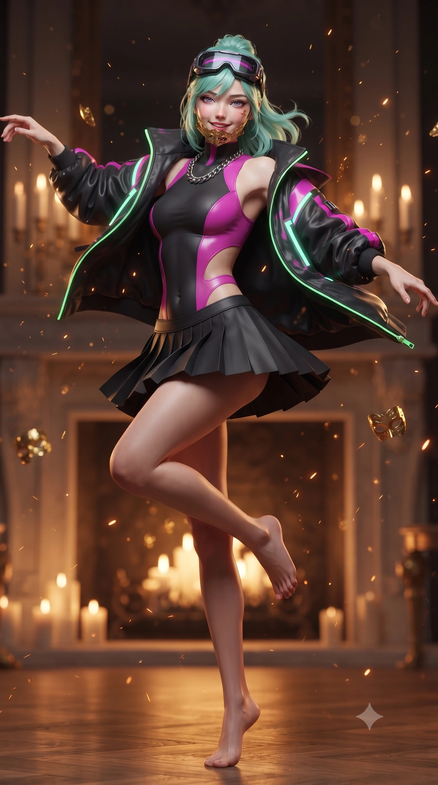 score_9, masterpiece, best quality, ultra-detailed, high-budget anime keyframe, editorial fashion photography, tasteful artistic composition, Japanese woman. low angle full-body shot from head to toe showing her feet, filling the entire 9:16 vertical frame with her statuesque presence, stretching her vertical silhouette. executing an elegant mid-motion spin with effortless grace, her garments fluttering softly around her ultra-slim waistline while resting against a candlelit grand fireplace with mask slightly lowered, smiling with dangerous, bewitching elegance. The composition keeps background elements in soft focus with creamy bokeh. flickering fireplace sparks and gold leaf mask reflections scattering warm radiant light motes. She has an absolutely perfect, statuesque 8.5-heads proportion, an exceptionally tall and slender model-like female figure with impossibly long slender legs, a toned flat midriff, and an ultra-slim waist. sharp v-shaped jawline, high-bridge nose, intricate jewel-like eyes with depth, thick eyelashes, glossy lips with a natural sheen, captivating and magnetic expression, flawlessly proportioned anatomical accuracy, strict slender model proportions, natural body alignment, perfectly sculpted long slender limbs, ultra-slim waistline, clean dynamic posture without body distortion. wearing a daring cutout cyberpunk bodysuit paired with an oversized neon-accented bomber jacket and pleated micro-skirt in matte black and vivid magenta, tailored from second-skin aerodynamic stretch vinyl and insulated satin, accessorized with a chunky silver chain necklace and cyber-visor goggles resting on her brow edition #15, the glove-like aerodynamic second-skin fit tightly clinging to her ultra-slender waist and athletic curves without adding bulk, accentuating her razor-sharp statuesque lines and slim hourglass silhouette. illuminated by crisp specular highlights tracing her bare clavicle, ultra-slim waist, and flowing gown. ultra-reflective glossy finish, specular highlights, rich textural contrasts, high-contrast stereoscopic depth, volumetric dynamic lighting, 2k, ultra detail, master piece, 9:16 ratio