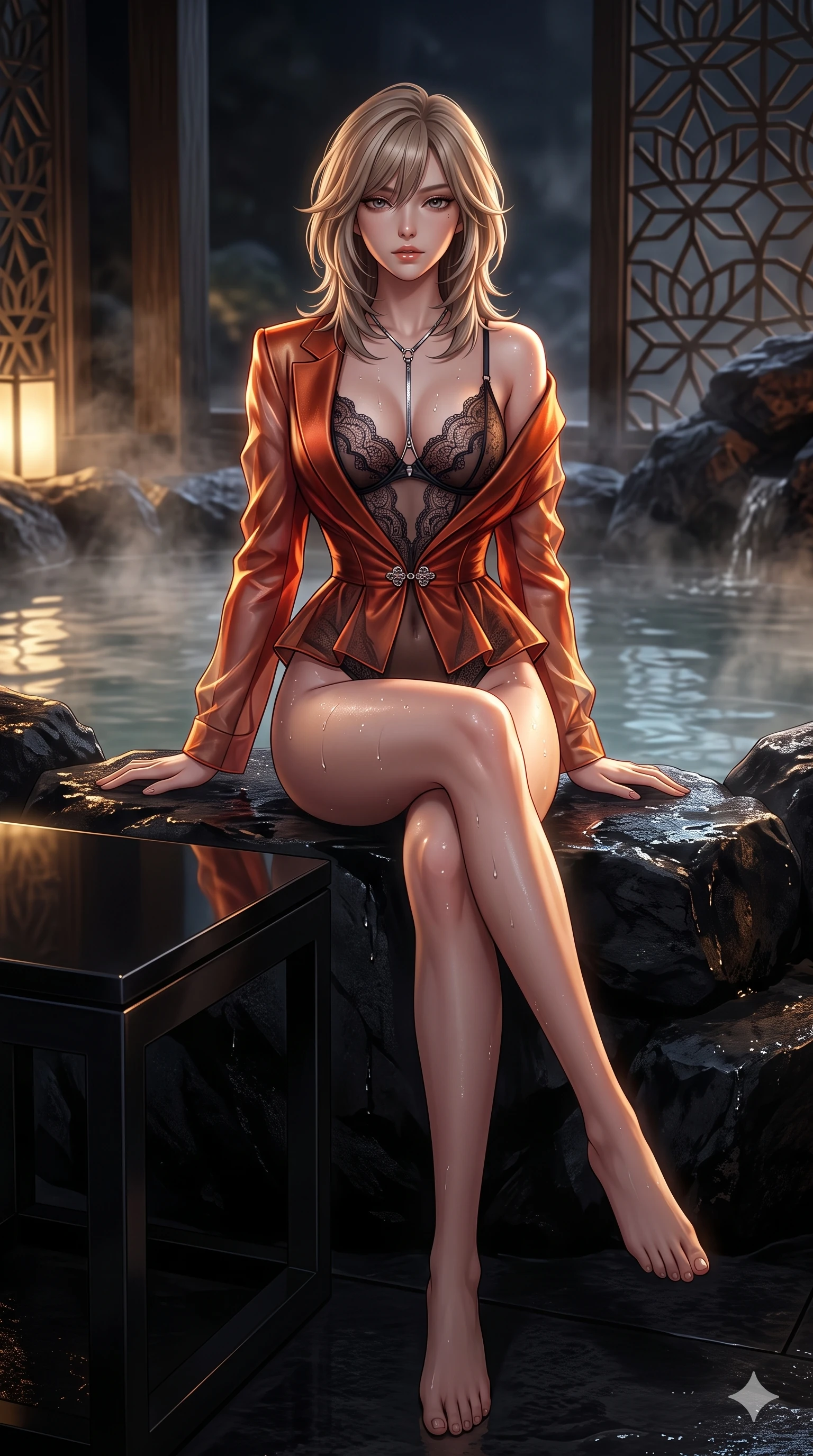 score_9, masterpiece, best quality, ultra-detailed, high-budget anime keyframe, semi-realistic 3D game render, editorial fashion photography, tasteful artistic composition, Japanese woman. low angle full-body shot from head to toe showing her feet, filling the entire 9:16 vertical frame with her statuesque presence, stretching her vertical silhouette. sitting on the black basalt rock rim of the steaming geothermal lagoon, water droplets beading on her flat midriff and curvy hips while leaning over the black obsidian cocktail table with hips cocked back, looking through geometric lotus screens with heavy-lidded seductive bedroom-eyes. The surrounding environment is rendered in vivid detail and crisp panoramic clarity: detailed peplum corset dress tailoring, jeweled clasp closures, and luxury VIP club interior in razor-sharp clarity. She has an exceptionally tall and slender model-like 8.5-heads proportion, an ultra-slim waist, a flat toned midriff, narrow delicate ribcage, and beautifully sculpted feminine hips creating a graceful, slim hourglass silhouette without any bulky heaviness, with impossibly long slender legs. sharp v-shaped jawline, high-bridge nose, intricate jewel-like sparkling eyes with depth, thick eyelashes, glossy parted lips with a natural sheen, intensely captivating and seductive bedroom-eyes expression, exuding both youthful cute charm and sovereign luxury allure, flawlessly proportioned anatomical accuracy, strict slender model proportions, natural body alignment, perfectly sculpted long slender limbs, ultra-slim waistline, clean dynamic posture without body distortion. wearing a delicate sheer French Chantilly lace teddy layered under an open tailored metallic blazer draped over bare shoulders in imperial vermilion silk and warm bronze, crafted from translucent silk organza with an ethereal crystalline sheen, accented with a chrome-drop body harness subtly framing her dewy collarbones and spine, the liquid-tight tailored fabric clinging flawlessly to her narrow waist and rounded feminine hips, emphasizing every millimeter of her sculpted slim hourglass curves without any bulky heaviness. bathed in low-key, high-contrast chiaroscuro lighting with narrow amber and gold spotlights on the table. highly saturated vibrant anime colors, detailed shading with soft gradients, rich glossy textures, high-contrast stereoscopic depth, volumetric dynamic lighting, master piece, 9:16 ratio