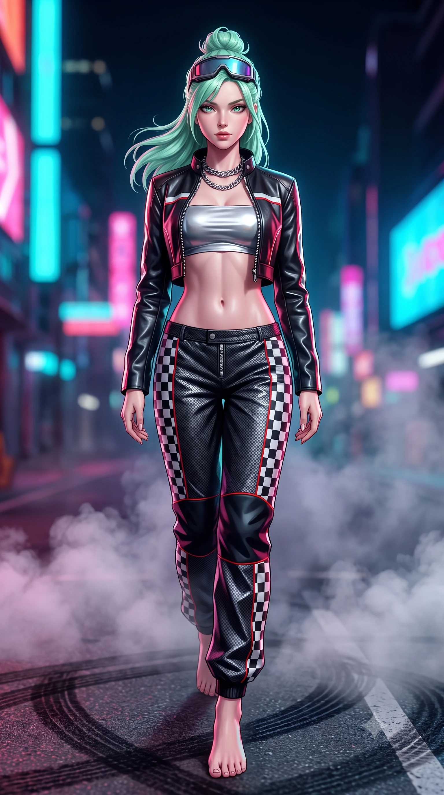 score_9, masterpiece, best quality, ultra-detailed, high-budget anime keyframe, semi-realistic 3D game render, editorial fashion photography, tasteful artistic composition, Japanese woman. low angle full-body shot from head to toe showing her feet, filling the entire 9:16 vertical frame with her statuesque presence, stretching her vertical silhouette. reclining back languidly with one knee bent and spine arched in a breathtaking dancer line, commanding the entire 9:16 vertical frame while stepping forward with proud runway strides amidst rising tire smoke, her statuesque vertical presence commanding the frame. The surrounding environment is rendered in vivid detail and crisp panoramic clarity. intense neon-noir chiaroscuro and exhilarating urban drift culture aesthetics rendered with precision. She has an absolutely perfect, statuesque 8.5-heads proportion, an exceptionally tall and slender model-like female figure with impossibly long slender legs, a toned flat midriff, and an ultra-slim waist. sharp v-shaped jawline, high-bridge nose, intricate jewel-like eyes with depth, thick eyelashes, glossy parted lips with a natural sheen, intensely captivating and seductive expression, flawlessly proportioned anatomical accuracy, strict slender model proportions, natural body alignment, perfectly sculpted long slender limbs, ultra-slim waistline, clean dynamic posture without body distortion. wearing a cropped leather racing jacket unzipped over a reflective silver bandeau top and low-rise carbon track pants in monochrome checkerboard black and white with red accents, made of durable ripstop technical nylon with metallic zipper teeth, accessorized with a chunky chrome chain necklace and cyber-visor goggles on her brow, the sleek tactical cut tightly hugging her graceful clavicle, narrow waist, and athletic curves with statuesque precision. surrounded by an adrenaline-fueled, audacious, and wildly charismatic drift idol aura. highly saturated vibrant anime colors, detailed shading with soft gradients, rich glossy textures, high-contrast stereoscopic depth, volumetric dynamic lighting, master piece, 9:16 ratio