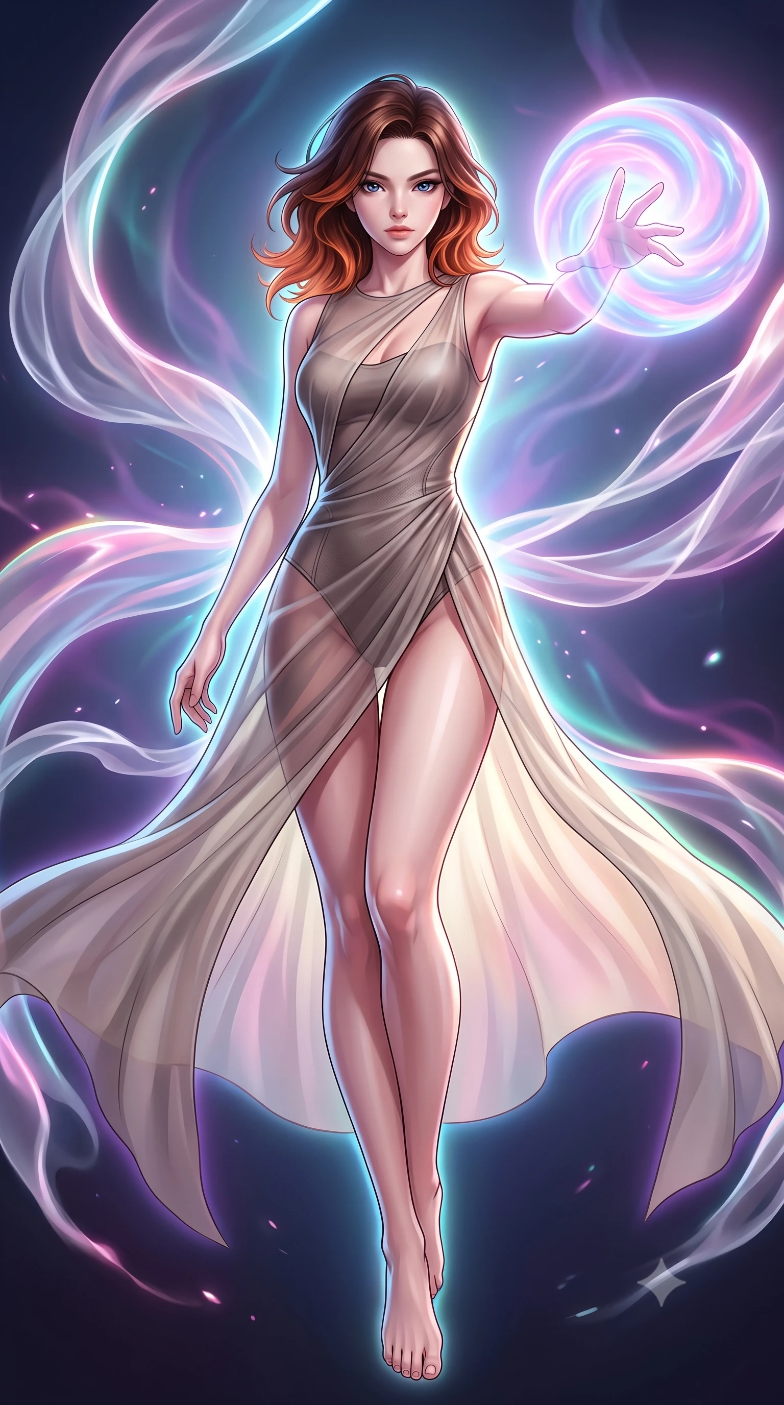 score_9, masterpiece, best quality, ultra-detailed, high-budget anime keyframe, editorial fashion photography, tasteful artistic composition, Korean woman. low angle full-body shot from head to toe showing her feet, filling the entire 9:16 vertical frame with her statuesque presence, stretching her vertical silhouette. forging dynamically through the scene with her long slender legs and ultra-slim waist creating a sweeping S-curve while reaching forward with an arm stretch to touch a pulsating pastel light sphere, translucent silk-like plasma streams swirling around her silhouette. She has an absolutely perfect, statuesque 8.5-heads proportion, an exceptionally tall and slender model-like female figure with impossibly long slender legs and an ultra-slim waist. sharp v-shaped jawline, high-bridge nose, intricate jewel-like eyes with depth, thick eyelashes, glossy lips with a natural sheen, flawlessly proportioned anatomical accuracy, natural body alignment, perfectly sculpted elegant limbs, clean dynamic posture without body distortion. wearing a semi-opaque sheer overlay dress over a leather micro-bodysuit in muted taupe and soft ivory, made of fine carbon-fiber weave and soft matte leather, accented with a Tasteful chest slit framing her clavicle gracefully, the elegant draped fit framing her graceful clavicle and slender torso. surrounded by a vibrant fluorescent aura with bright specular rim lights. highly saturated vibrant anime colors, detailed shading with soft gradients, rich glossy textures, high-contrast stereoscopic depth, volumetric dynamic lighting, master piece, 9:16 ratio
