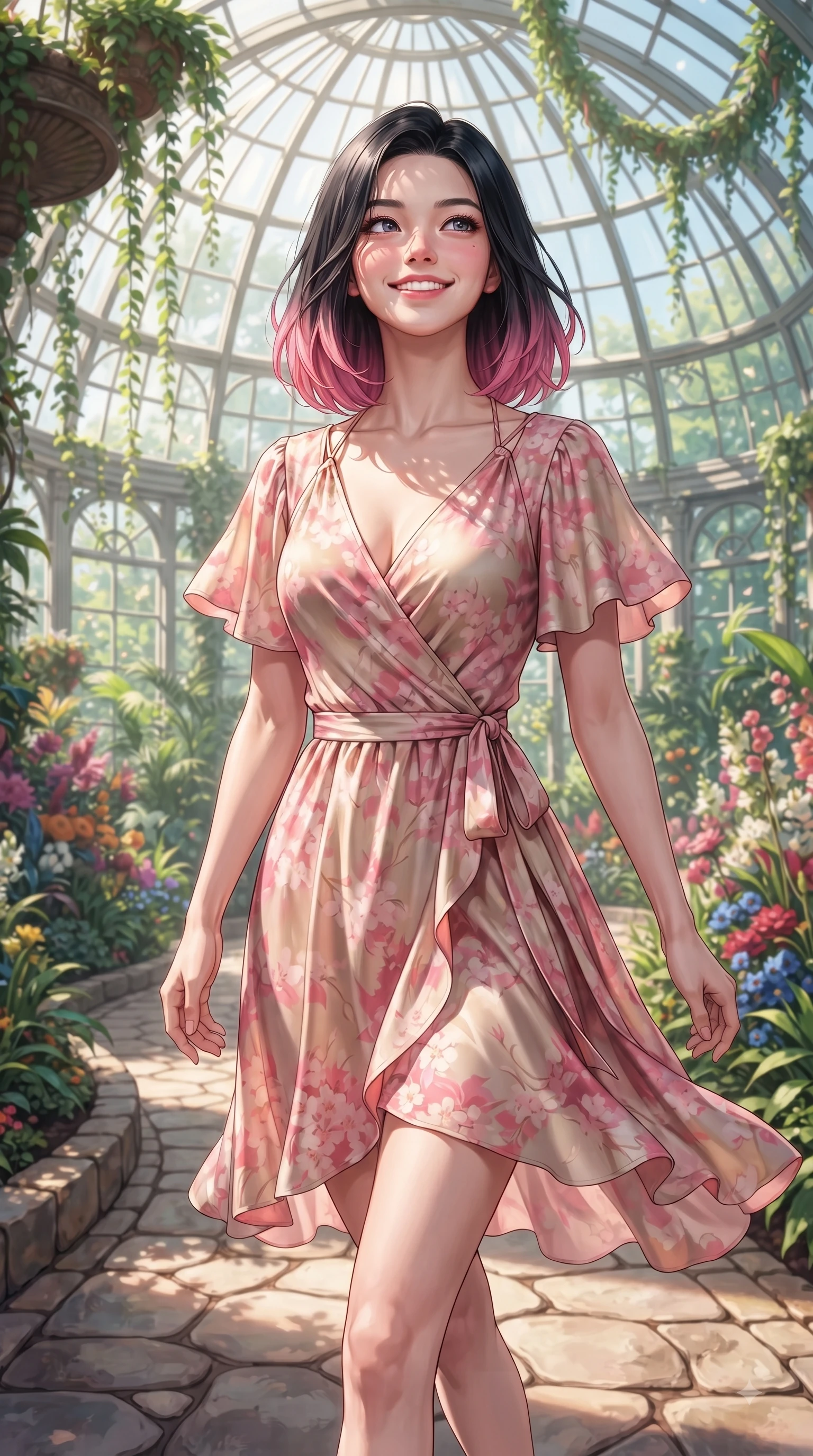 score_9, masterpiece, best quality, ultra-detailed, high-budget anime keyframe, editorial fashion photography, tasteful artistic composition, Korean woman. close-up cowboy shot from the waist and thighs up, the character dominates the composition, filling the frame with her large presence. Tilting her chin up with a sweet beaming smile of pure delight while balancing dynamically amidst the scene while walking along a stone path in a sunlit botanical greenhouse surrounded by tropical greenery. The surrounding environment is rendered in vivid detail and crisp panoramic clarity. intricate glasshouse dome architecture, cascading tropical vines, and vibrant botanical displays in deep focus. She has an exceptionally elegant, slender, and willowy female figure with an ultra-slim waist, a gracefully sculpted slender torso, and a refined silhouette. sharp v-shaped jawline, high-bridge nose, intricate jewel-like eyes with depth, thick eyelashes, glossy lips with a natural sheen, flawlessly proportioned anatomical accuracy, natural body alignment, perfectly sculpted elegant limbs, clean dynamic posture without body distortion. wearing an elegant V-neck silk wrap dress with fluttery short sleeves and a cinched waist in bright cherry blossom pink and champagne, crafted from lightweight fluid chiffon, finished with delicate criss-cross back straps highlighting her bare shoulders, the sleek second-skin texture accentuating her magnetic presence. illuminated by fresh botanical sunbeams casting delicate leaf patterns. ultra-reflective glossy finish, specular highlights, metallic sheen, high-contrast stereoscopic depth, volumetric dynamic lighting, 2k, ultra detail, master piece, 9:16 ratio