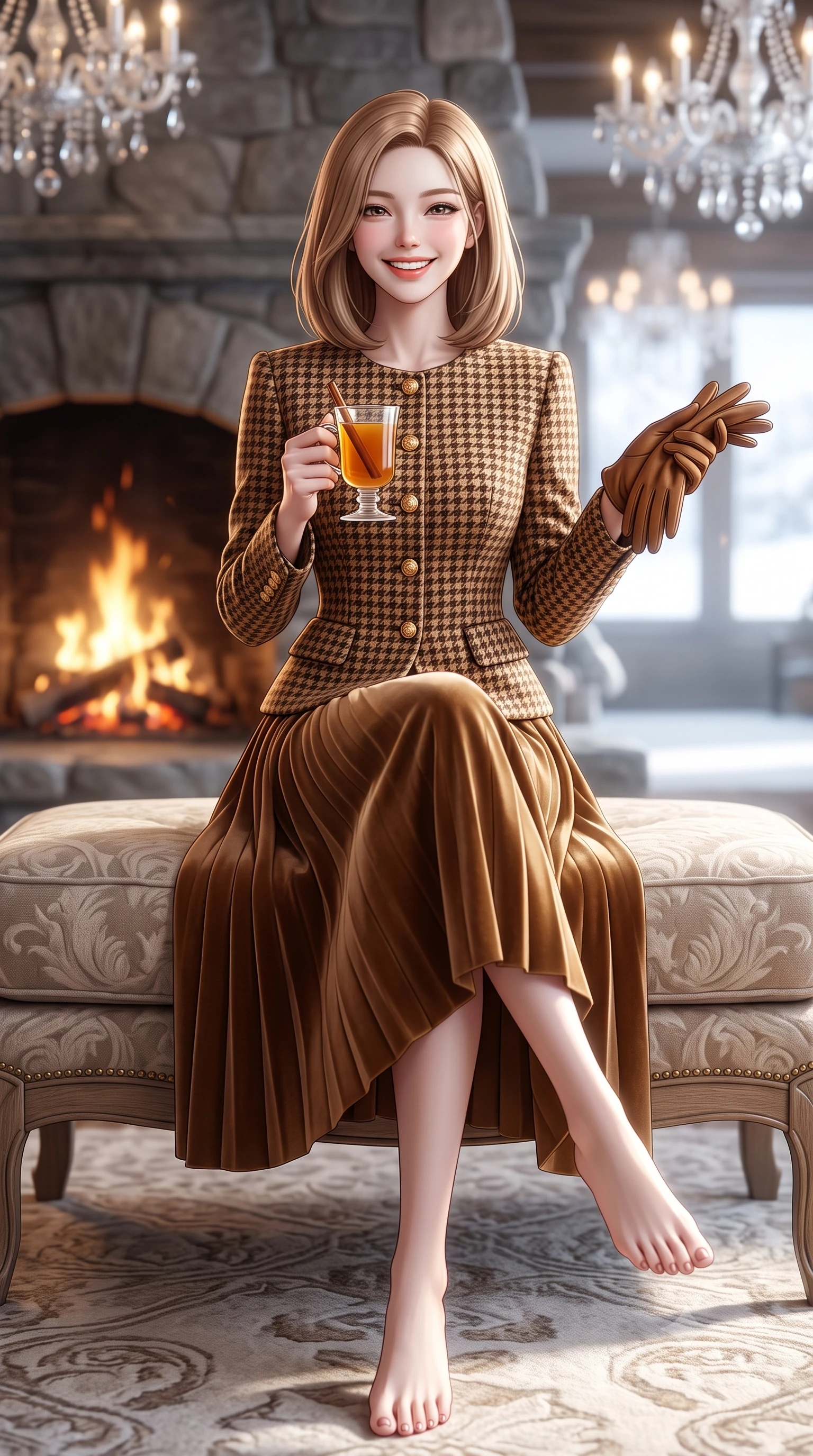 score_9, masterpiece, best quality, ultra-detailed, high-budget anime keyframe, semi-realistic 3D game render, editorial fashion photography, tasteful artistic composition, Korean woman. low angle full-body shot from head to toe showing her feet, filling the entire 9:16 vertical frame with her statuesque presence, stretching her vertical silhouette. sitting gracefully on the carved stone bench with legs crossed at the ankles, hands resting gently in her lap with noble poise while sitting gracefully on an oversized cashmere-upholstered banquette near the stone hearth, holding a glass of spiced cider with cozy luxury charm. The background shows a soft-focus crackling pinewood fire and crystal chandeliers softened in ultra-luxury Engadin winter sanctuary shallow focus. She has an exceptionally tall and slender model-like 8.5-heads proportion, an ultra-slim waist, a flat toned midriff, narrow delicate ribcage, and beautifully sculpted feminine hips creating a graceful, slim hourglass silhouette without any bulky heaviness, with impossibly long slender legs. sharp v-shaped jawline, high-bridge nose, intricate jewel-like sparkling eyes with depth, thick eyelashes, glossy parted lips with a natural peach sheen, bright cheerful beaming smile with an enchanting and coquettish sensual glint, exuding both youthful cute charm and seductive allure, flawlessly proportioned anatomical accuracy, strict slender model proportions, natural body alignment, perfectly sculpted long slender limbs, ultra-slim waistline, clean dynamic posture without body distortion. wearing a structured houndstooth tweed jacket with gold embossed buttons and a matching pleated A-line midi skirt in Saint-Germain camel wool and warm espresso, crafted from rich cotton velvet with deep light-absorbing pile and soft gradients, complemented by buttery leather gloves held delicately in one manicured hand, the sharp shoulder tailoring and gently nipped waist framing her slender torso with pristine sartorial perfection. illuminated by brilliant snow reflection fill and sharp ice-crystal rim lights defining her razor-sharp jawline and tall slender frame. highly saturated vibrant anime colors, detailed shading with soft gradients, rich glossy textures, high-contrast stereoscopic depth, volumetric dynamic lighting, master piece, 9:16 ratio