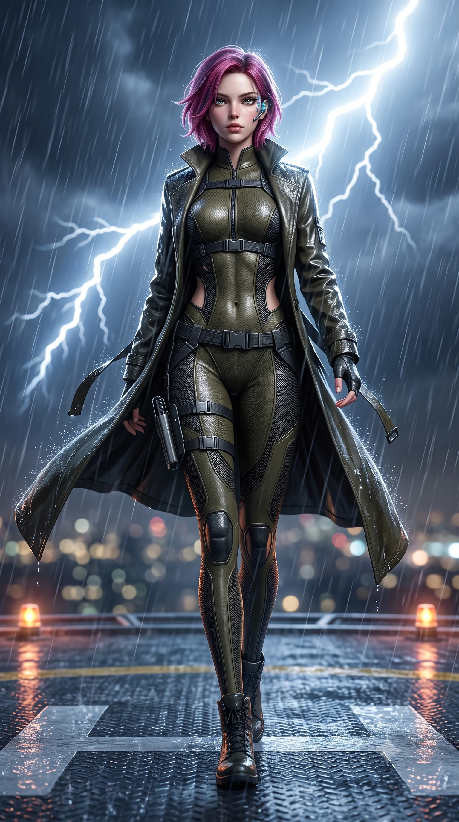 score_9, masterpiece, best quality, ultra-detailed, high-budget anime keyframe, semi-realistic 3D game render, editorial fashion photography, tasteful artistic composition, Caucasian woman. low angle full-body shot from head to toe showing her feet, filling the entire 9:16 vertical frame with her statuesque presence, stretching her vertical silhouette. stepping forward gracefully in mid-motion, displaying her toned flat midriff and flawlessly sculpted slender limbs while infiltrating a torrential midnight rooftop helipad 80 stories high as lightning flashes illuminate her wet tactical trench coat. The composition keeps background elements in soft focus with creamy bokeh. helipad perimeter warning beacons and swirling storm rain sheets softened in cinematic shallow focus. She has an absolutely perfect, statuesque 8.5-heads proportion, an exceptionally tall and slender model-like female figure with impossibly long slender legs, a toned flat midriff, and an ultra-slim waist. sharp v-shaped jawline, high-bridge nose, intricate jewel-like eyes with depth, thick eyelashes, glossy lips with a natural sheen, captivating and magnetic expression, flawlessly proportioned anatomical accuracy, strict slender model proportions, natural body alignment, perfectly sculpted long slender limbs, ultra-slim waistline, clean dynamic posture without body distortion. wearing a form-contouring infiltration bodysuit with reinforced kevlar ribbing and magnetic utility harness in dark olive drab and tactical matte black, made of high-mobility liquid jersey and semi-opaque reinforced mesh, equipped with a minimalist titanium leg holster and smart holographic earpiece, the breezy yet form-flattering drape swaying gracefully with her steps, accentuating her long willowy limbs and slim waistline. surrounded by an indomitable, dangerous, and breathtakingly cinematic lone infiltration specialist aura. highly saturated vibrant anime colors, detailed shading with soft gradients, rich glossy textures, high-contrast stereoscopic depth, volumetric dynamic lighting, master piece, 9:16 ratio