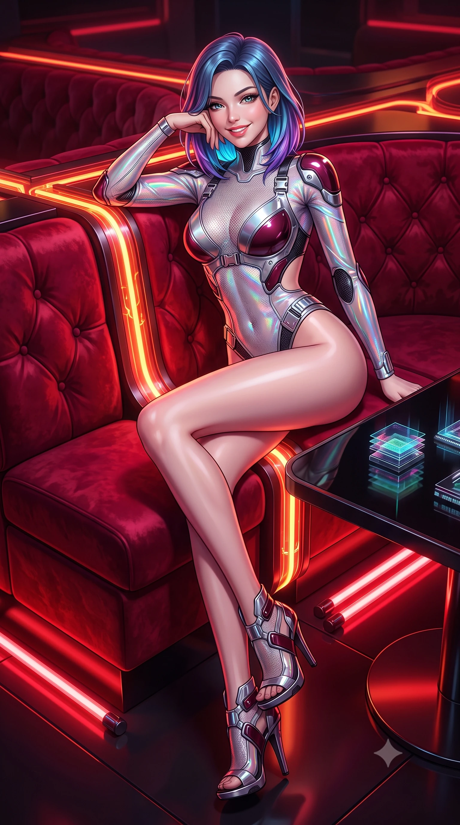 score_9, masterpiece, best quality, ultra-detailed, high-budget anime keyframe, semi-realistic 3D game render, editorial fashion photography, tasteful artistic composition, Caucasian woman. low angle full-body shot from head to toe showing her feet, filling the entire 9:16 vertical frame with her statuesque presence, stretching her vertical silhouette. leaning deep against the glowing energy conduit with hips cocked back in an unapologetically alluring high-fashion stance, flashing a warm beaming smile while lounging in a plush velvet VIP booth propped on one elbow with legs crossed, flashing an intoxicating smile with parted glossy lips. The surrounding environment is rendered in vivid detail and crisp panoramic clarity: sharp holographic chip stack projections, polished black lacquer table reflections, and red neon tube clarity in deep focus. She has an absolutely perfect, statuesque 8.5-heads proportion, an exceptionally tall and slender model-like female figure with impossibly long slender legs, an ultra-slim waist, a flat toned midriff, narrow delicate ribcage, and beautifully sculpted feminine hips creating a graceful, slim hourglass silhouette without any bulky heaviness. sharp v-shaped jawline, high-bridge nose, intricate jewel-like sparkling eyes with depth, thick eyelashes, glossy parted lips with a natural sheen, bright confident smile with an enchanting and coquettish sensual glint, exuding both youthful magnetic charm and sovereign high-tech allure, flawlessly proportioned anatomical accuracy, strict slender model proportions, natural body alignment, perfectly sculpted long slender limbs, ultra-slim waistline, clean dynamic posture without body distortion. wearing a form-contouring delicate silver nano-mesh bodysuit with strategically placed chrome armor plate guards covering key curves in deep wine crimson and dark carbon weave, woven from layered gossamer holographic organza casting chromatic prism reflections, finished with polished chrome buckle hardware and modular magnetic holster clasps, the precision-cut side openings and low-back scoop framing her graceful spine and the sensual sweep of her slim, toned hips. bathed in intense crimson and deep amber low-key neon accent lighting. highly saturated vibrant anime colors, detailed shading with soft gradients, rich glossy textures, high-contrast stereoscopic depth, volumetric dynamic lighting, master piece, 9:16 ratio
